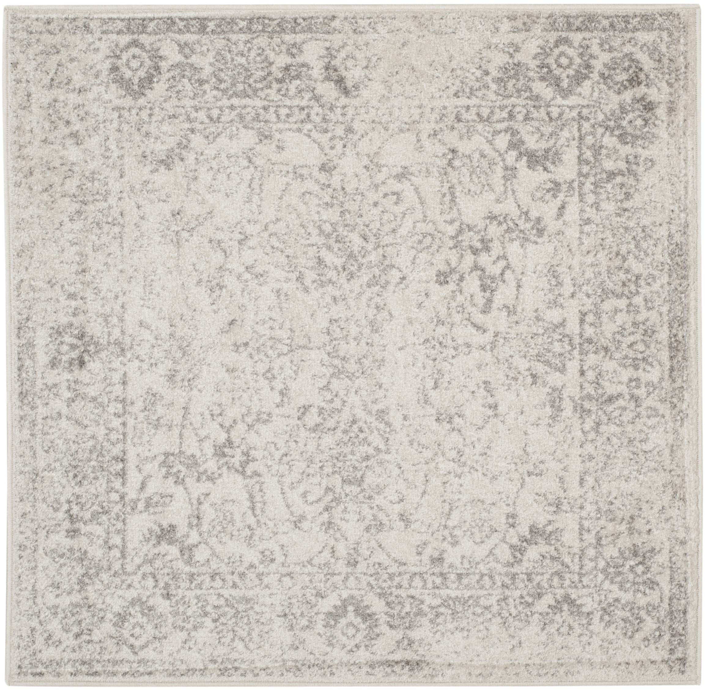 SAFAVIEH Adirondack Collection Area Rug - 6'7" Square, Ivory & Silver, Distressed Vintage Floral Design, Non-Shedding & Easy to Clean, Ideal for