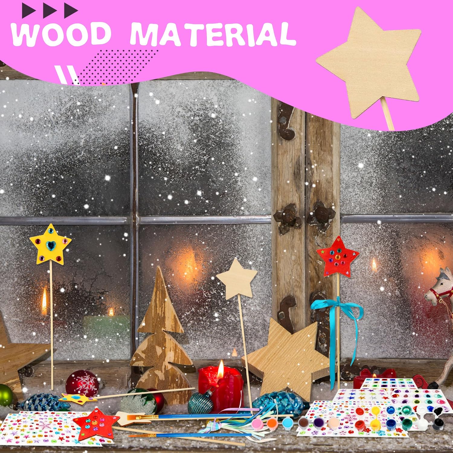 122 Pcs Unfinished Star Princess Fairy Wands Kit Make Your Own Princess Wand DIY Art Craft Magical Wand Include 48 Star Wooden Fairy Wands 24 Gem Stickers 48 Ribbons 12 Markers for Kids Party Supplies