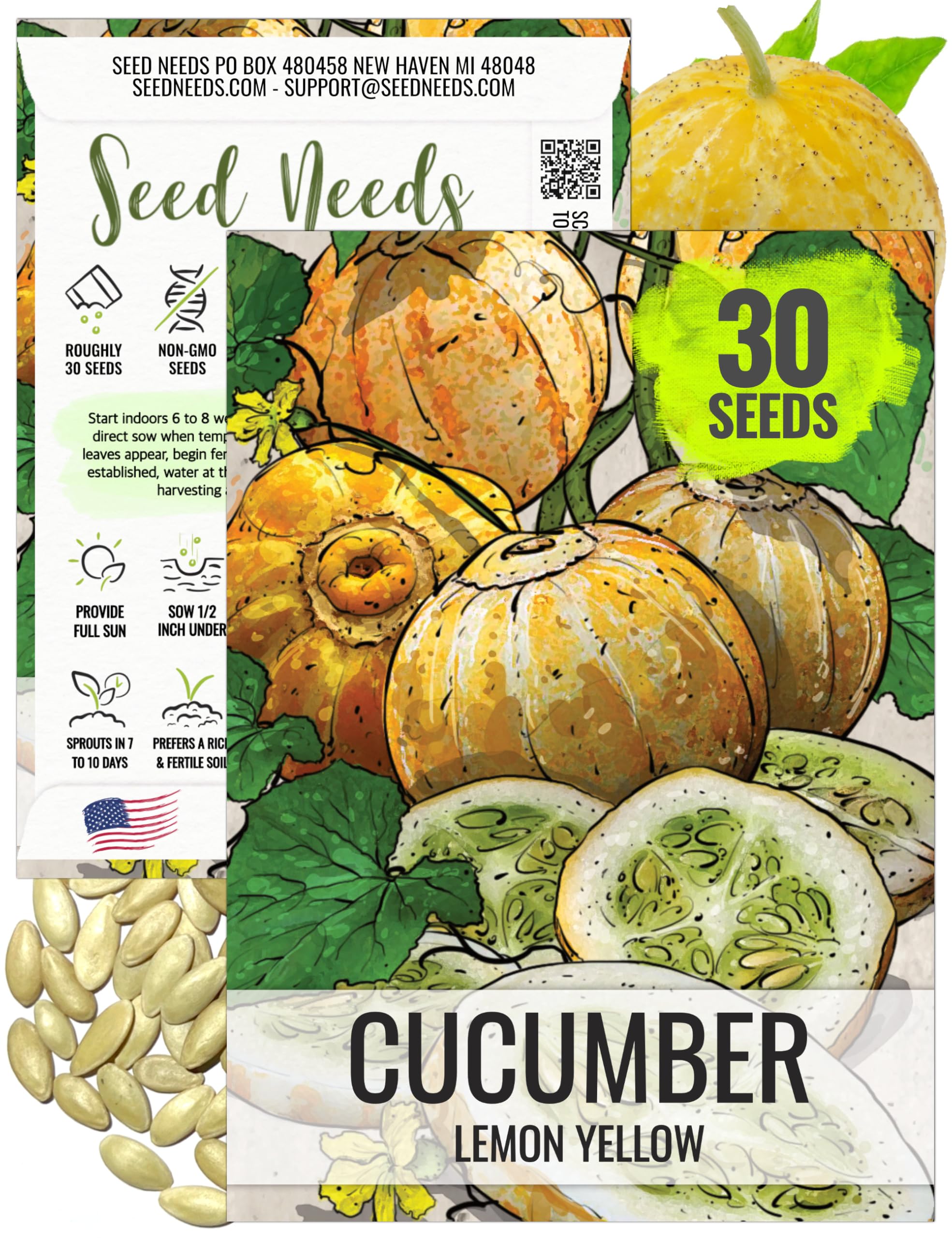 Seed Needs Cucumber Seeds for Planting Lemon Cucumbers - Heirloom Non-GMO & Untreated Vegetable Seeds to Grow an Outdoor Home Grown Veggie Garden (1 Pack)