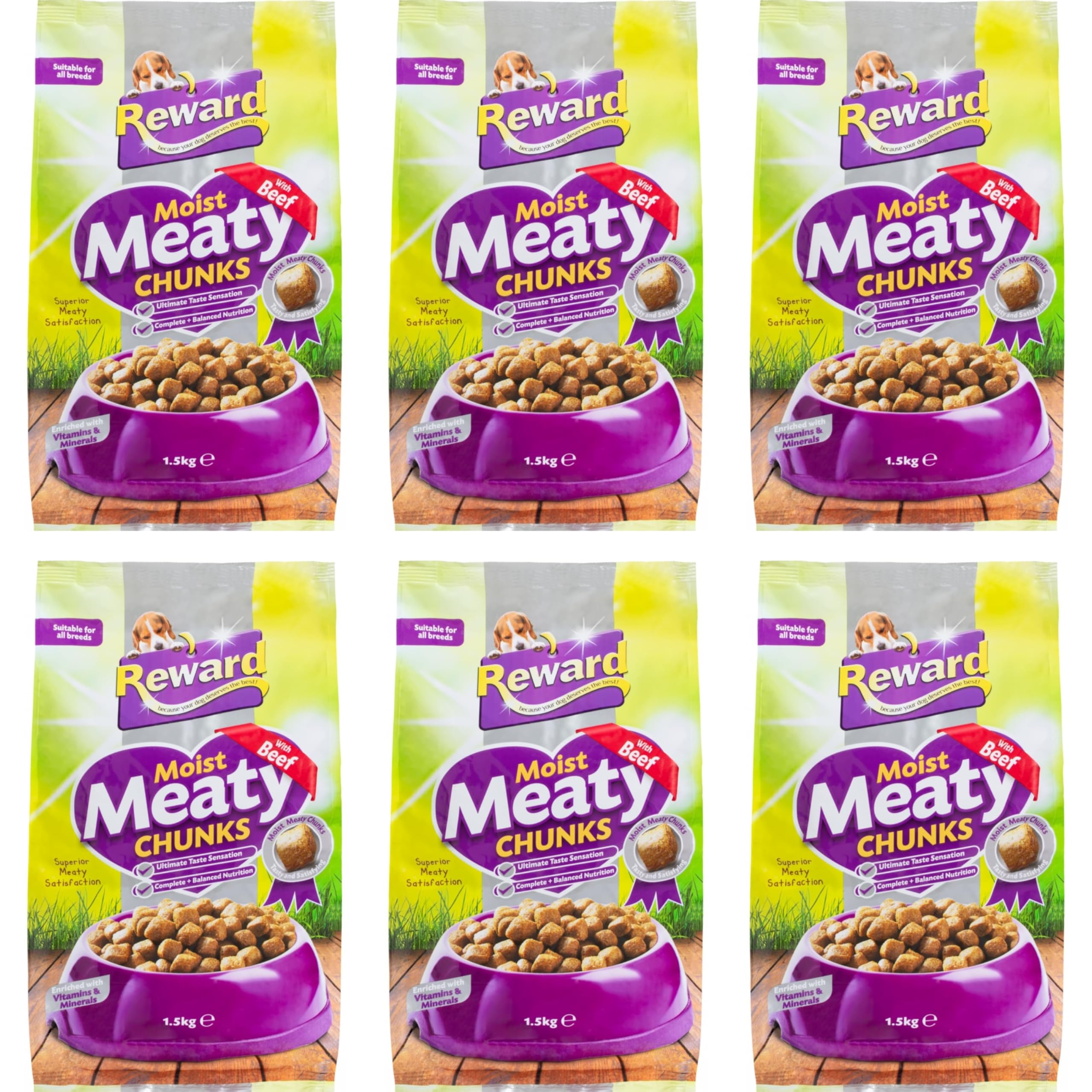 Reward Moist Meaty Chunks Dog Food – Complete Dry Dog Food for Adult Dogs – High Protein Meat Flavoured with Chicken or Beef pack of 6 x 1.5kg (Beef)