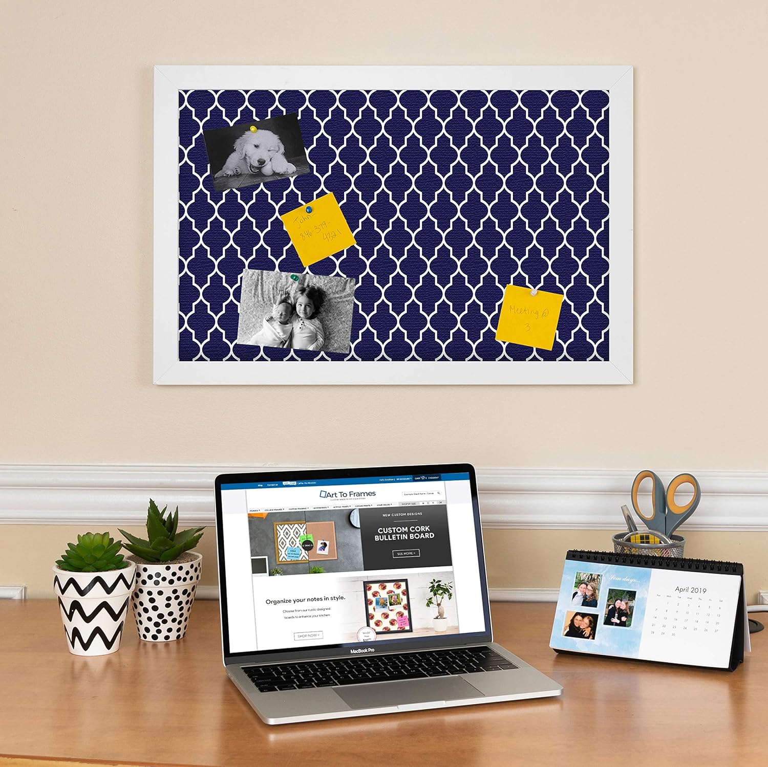 PinPix 30x20 Custom Cork Bulletin Board Quatrefoil Navy Poster Board with a Canvas Style Photo Board, Framed in Satin White Frame (PinPix-285)