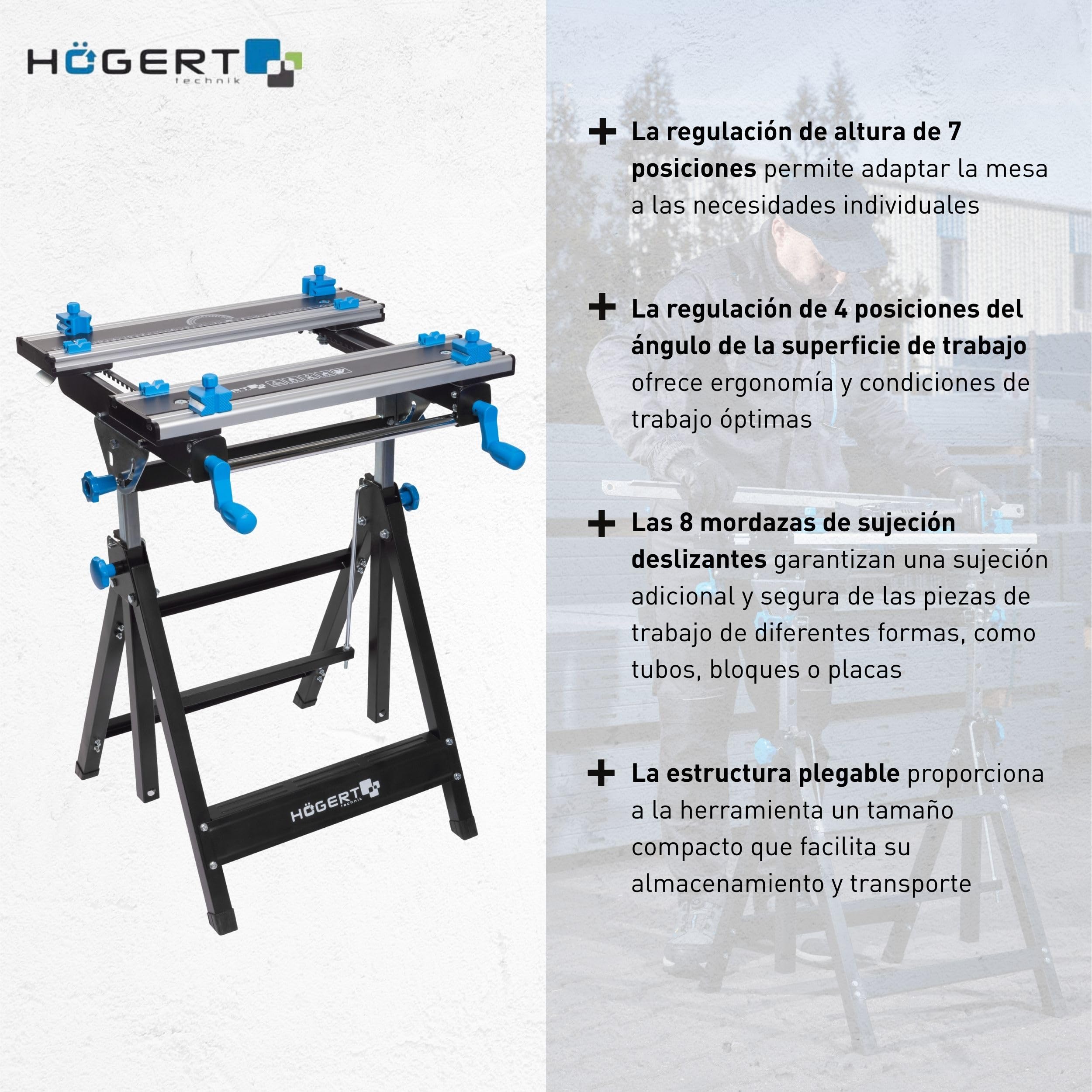 HÖGERT TECHNIK Mesa de Taller Plegable, Ajustable en Altura e inclinación de 600 x 570 x 770 – 1070 mm con Placa de Aluminio, mandíbulas, Ajuste de ángulo y Escala de Medidas