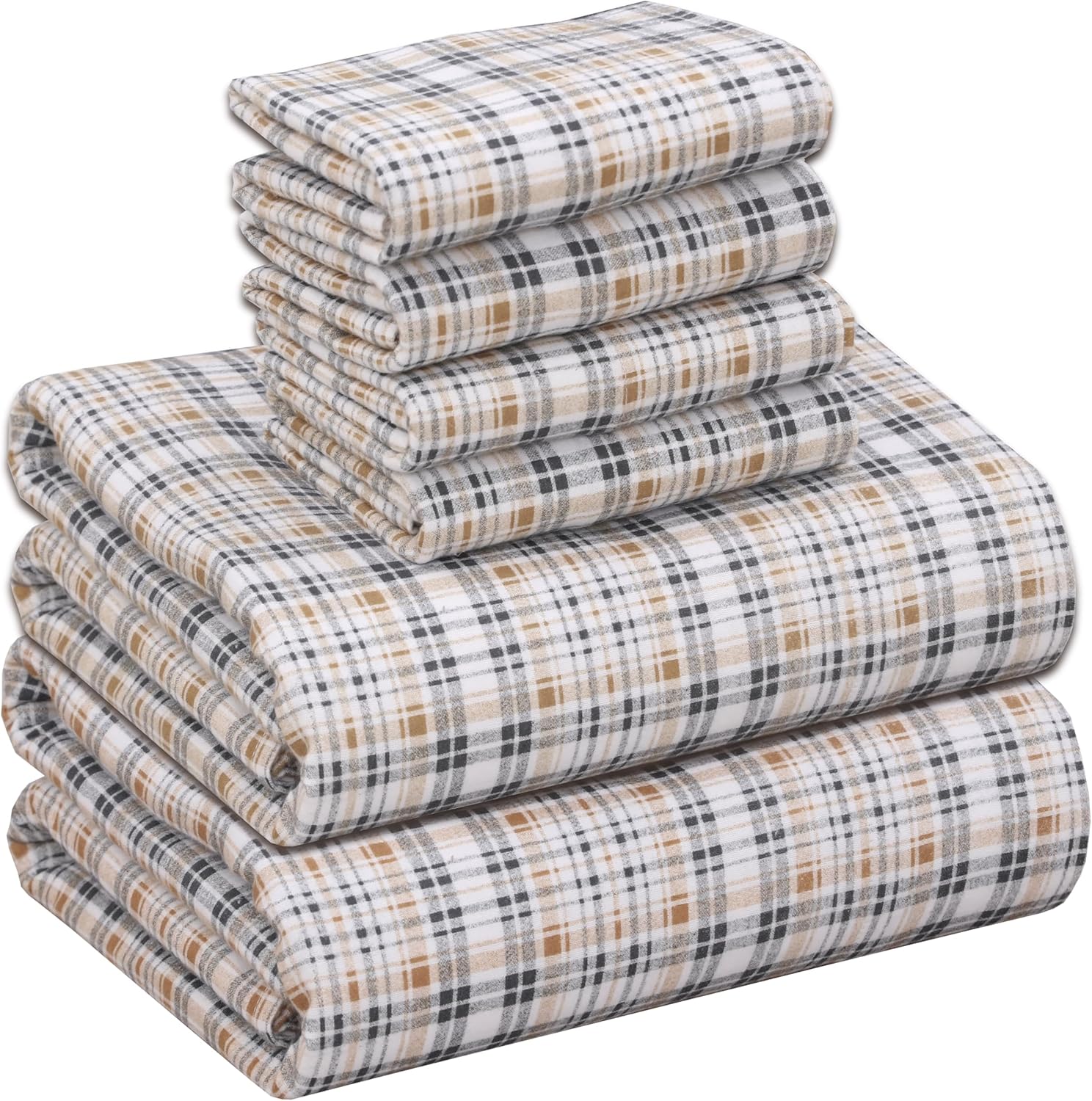RUVANTI Flannel Sheets King Size 6 Pcs - 100% Cotton Double Brushed Bed Sheets, Deep Pockets 16 Inches King Sheet Set, All Seasons Breathable, Extra Soft & Comfy, Sand Tartan