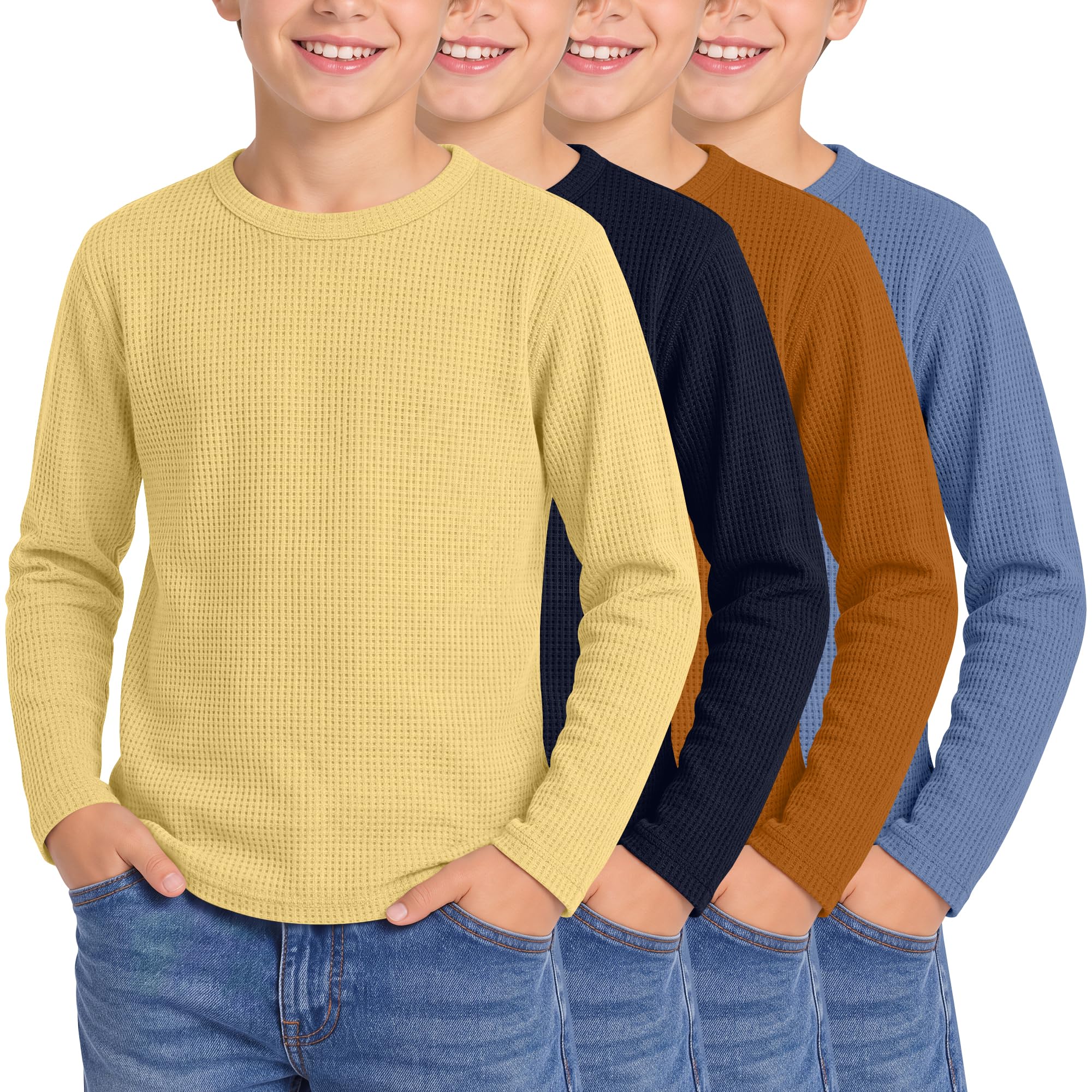 4 Pack Boys Long Sleeve Waffle Knit Thermal Shirts