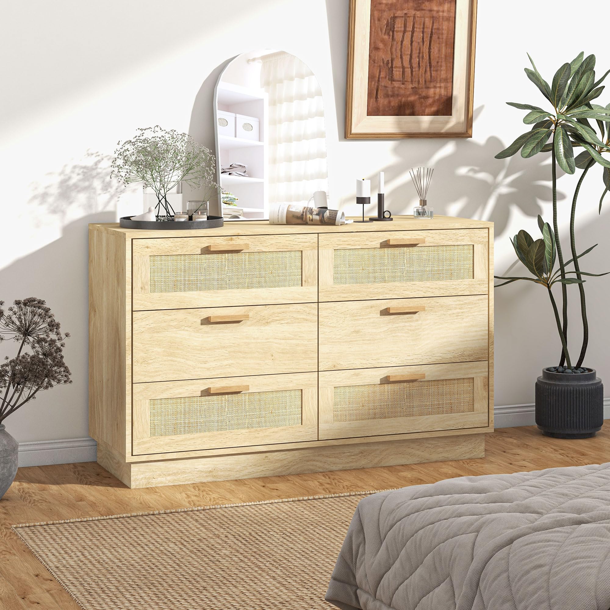 HOMCOM Commode 6 Tiroirs Commode Bois 110 x 40 x 69 cm Chêne | Meuble de Rangement, Style Bohème, Commode en Rotin, Chambre à Coucher, Salon, Entrée