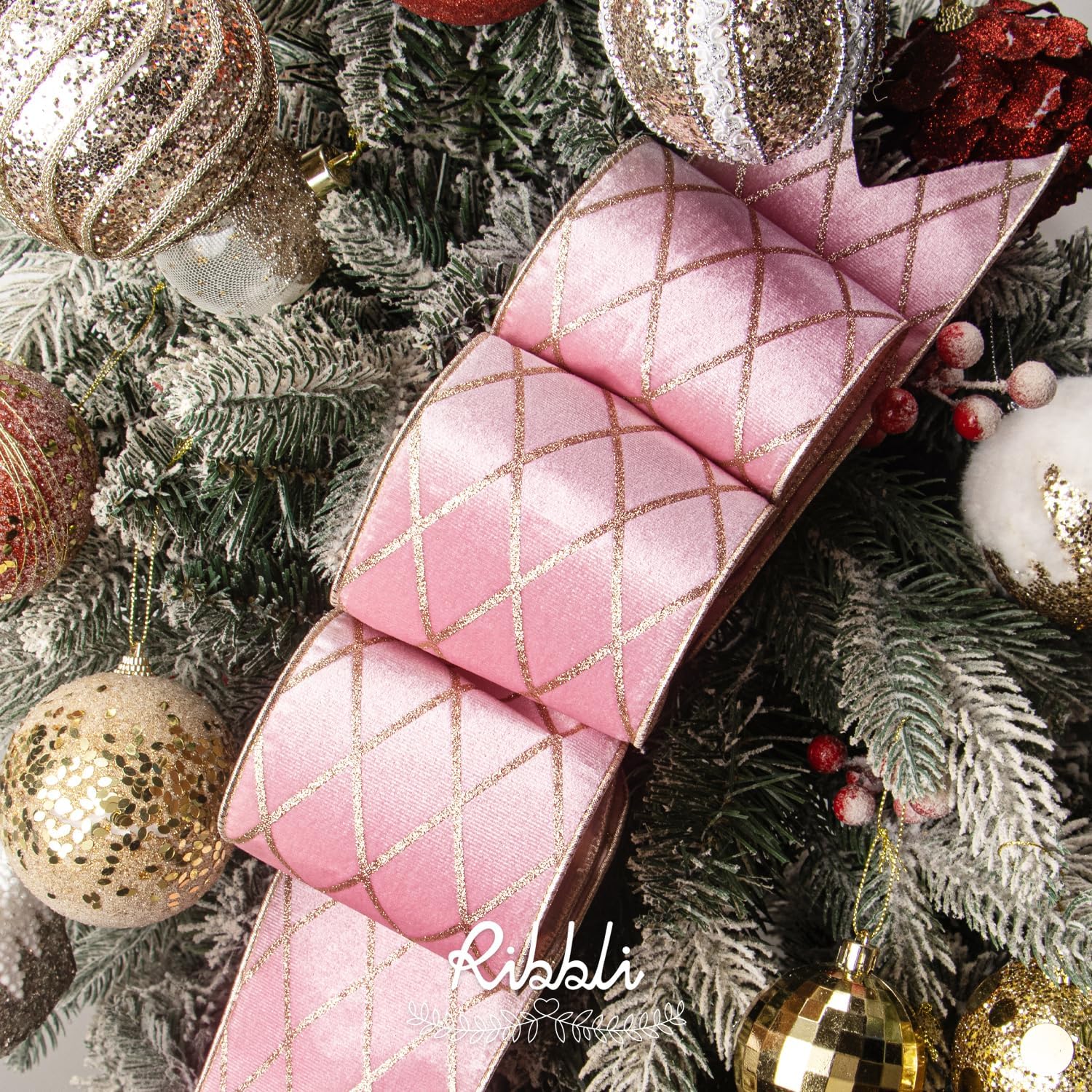 Ribbli Light Pink Velvet Ribbon Wired with Glitter Diamond Grid 4 Inch Christmas Ribbon for Christmas Tree Decoration Big Bow Gift Wrapping Crafts Wreaths Garland Supplies - 10 Yards