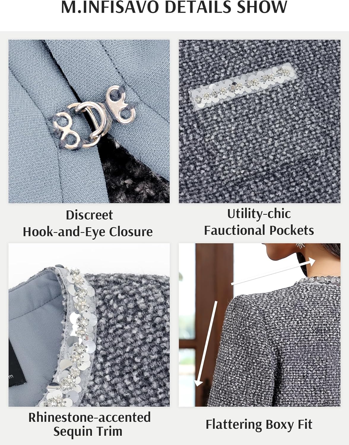 M.Infisavo Womens Sequin Crew Neck Tweed Jackets Blazer Party Business Casual Hooking Closure Outfit - Image 4