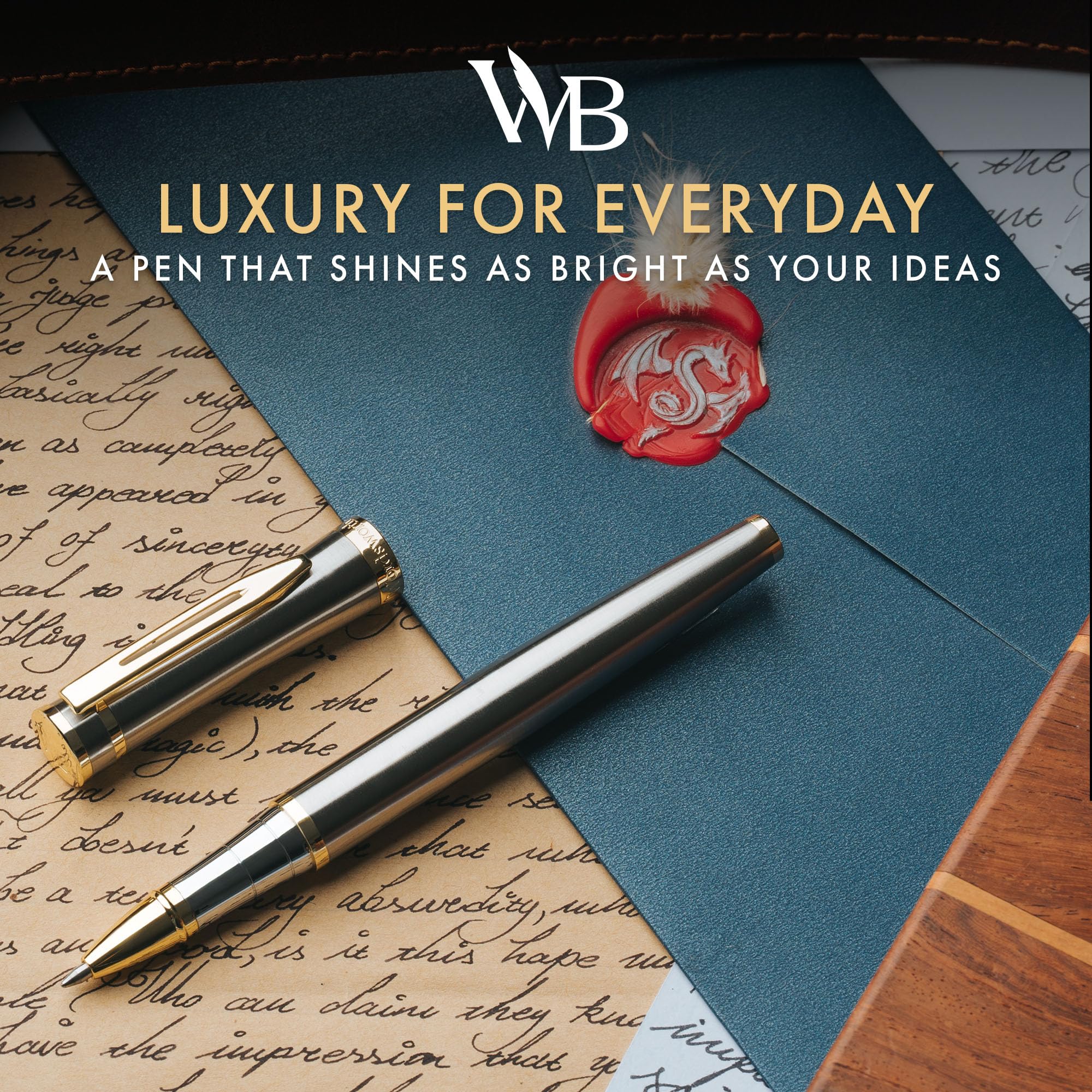 Wordsworth et Black Rollerball Pen - Stylo de Luxe - Finition Or 24K, Laque Argentée, Recharge d'Encre, Rechargeable, Cadeau pour Hommes & Femmes, Écriture Professionnelle, Beaux Stylos Élégants