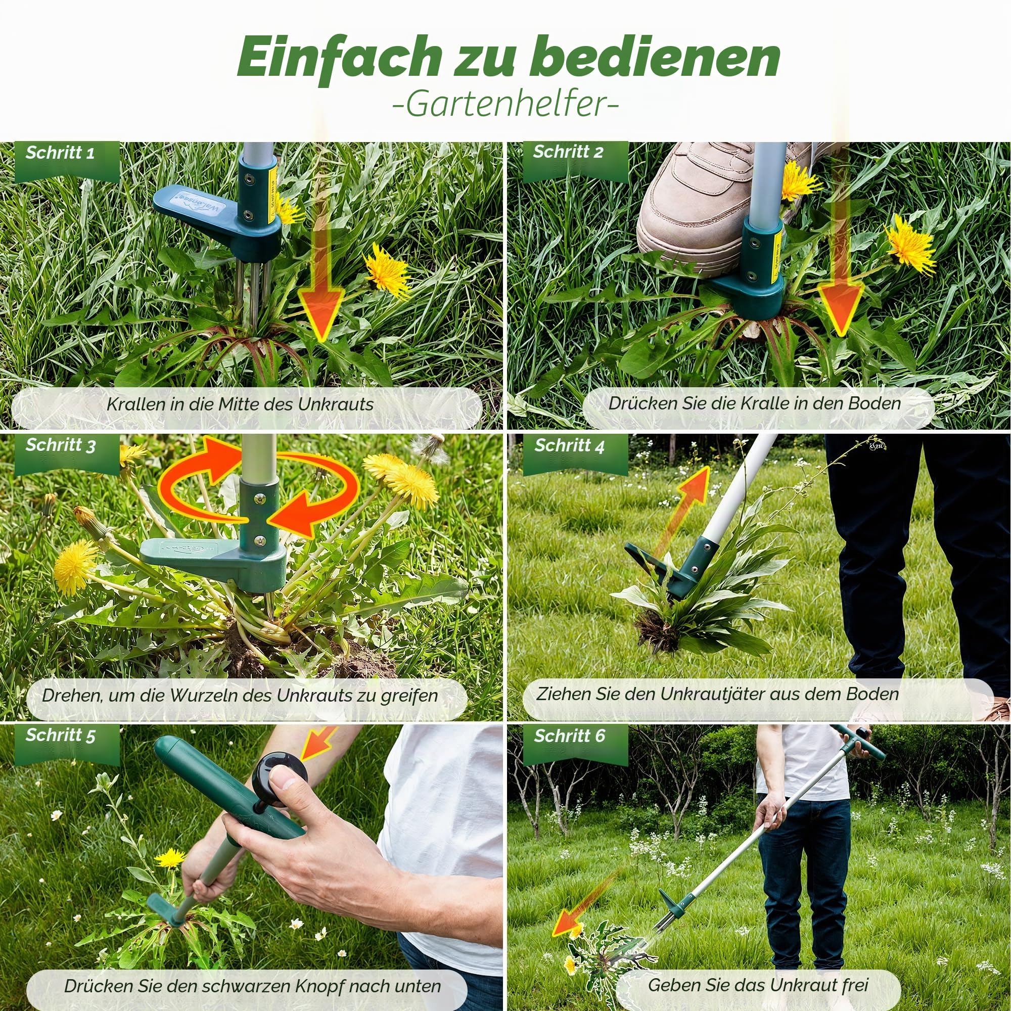 Walensee Unkrautstecher mit langem Stiel, Stand-Up Unkrautentferner mit 3 Krallen, Manueller Wurzelstecher für Löwenzahn, Garten Unkrautzieher & Root Puller, 1 Stück