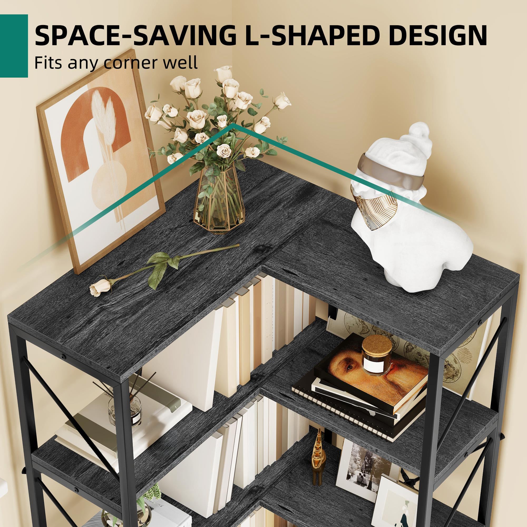 TVU Corner Bookshelf, 5-Tier L-Shaped Farmhouse Display Shelf, Espresso, 37.8" X 35.4" X 64.6" - View #4