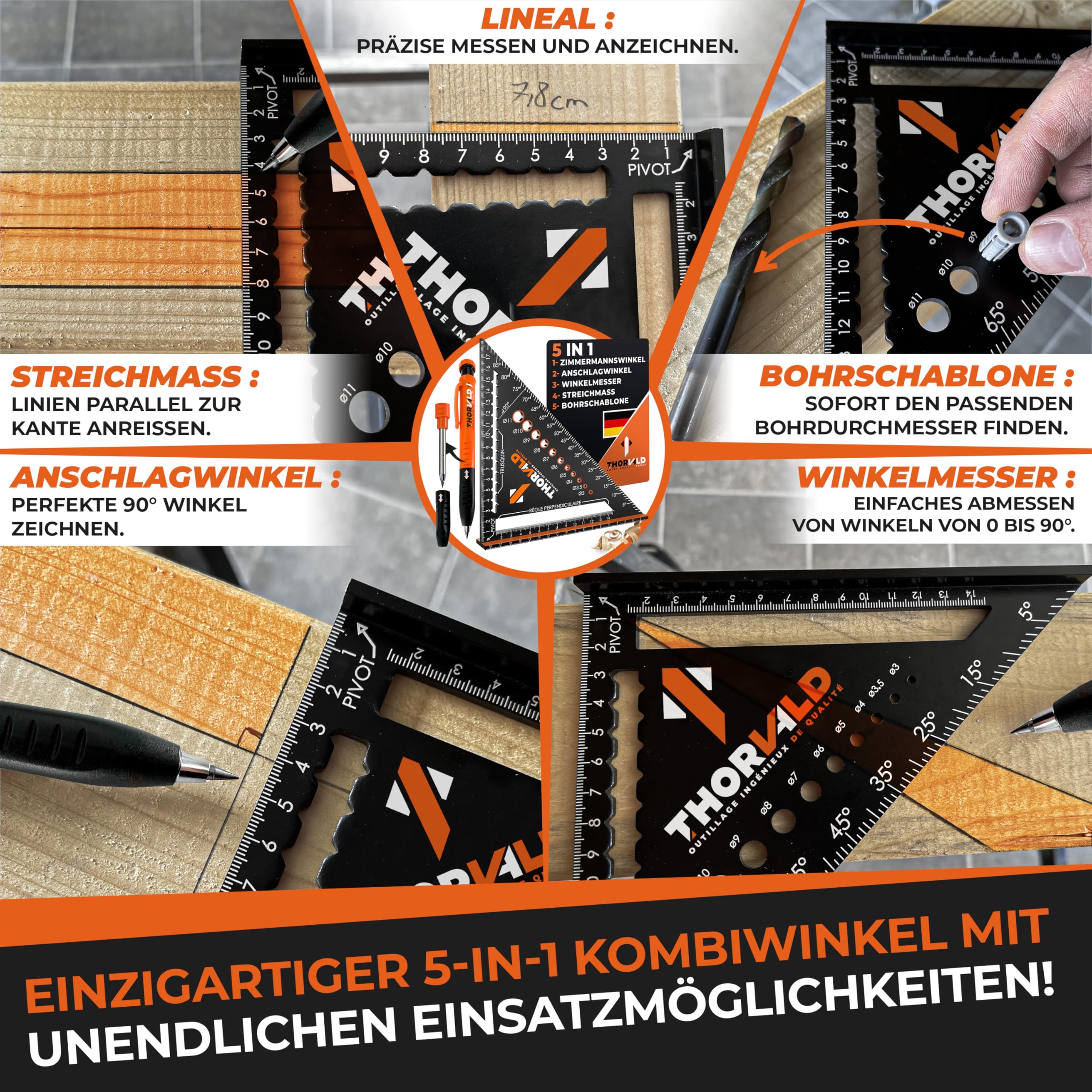 THORVALD Zimmermannswinkel 5-in-1 - Winkelmesser Anschlagwinkel + Tieflochmarker - Aluminiumwinkel mit 180 mm Schenkellänge zum präzisen Anreißen & Zeichnen/Multifunktional Perfekt um Zeit zu sparen - 3