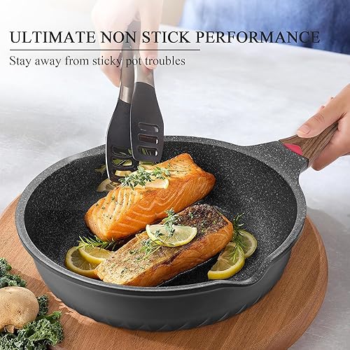 Miniatura 5 de Vinchef Sartén antiadherente con tapas, sartén profunda de aluminio de 11 pulgadas5 cuartos de galón con tapa e indicador de calor, antiarañazos y