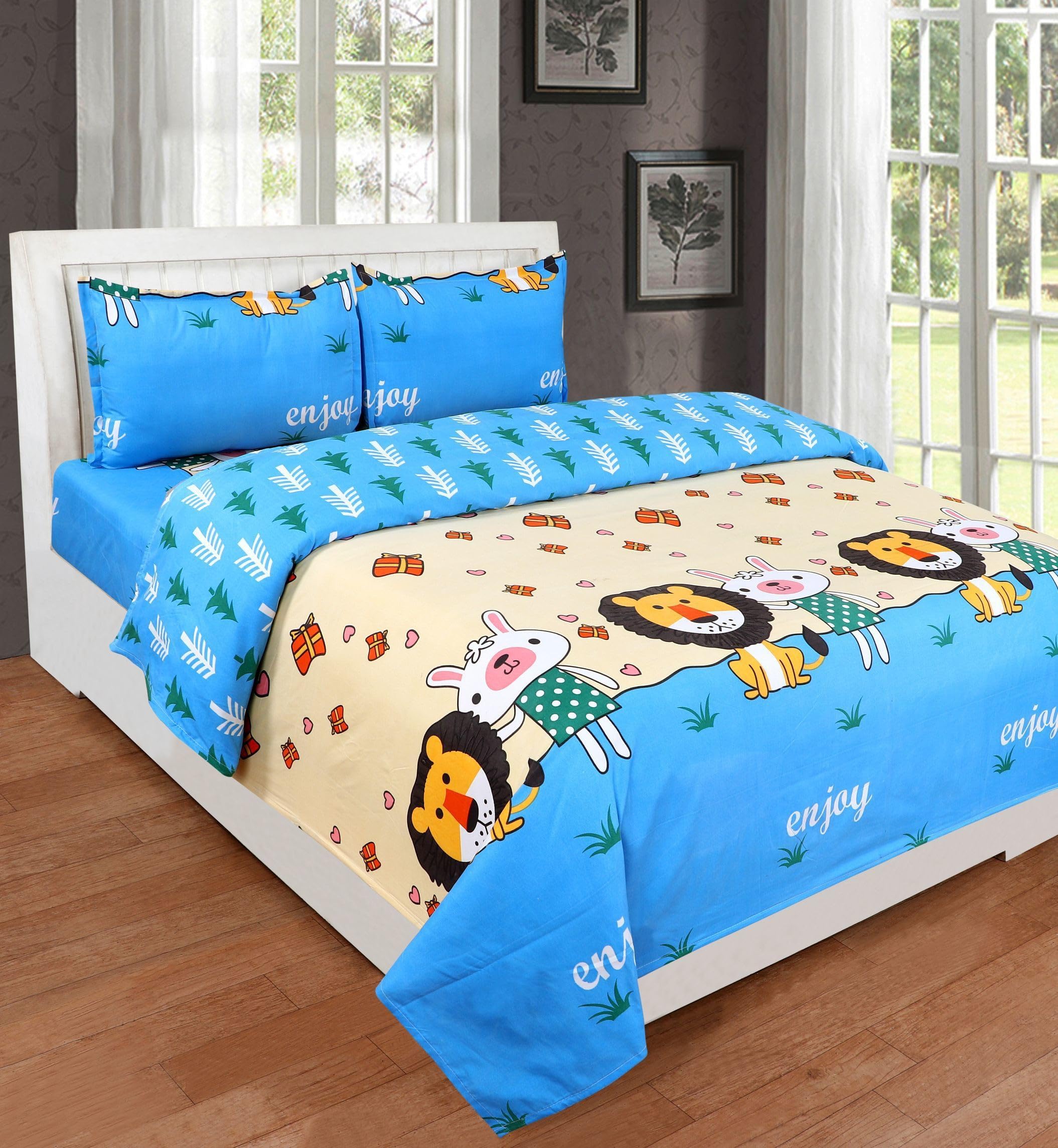 RisingStar 220 TC Cotton Double 3D Printed Flat Bedsheet (Pack of 1, Blue)