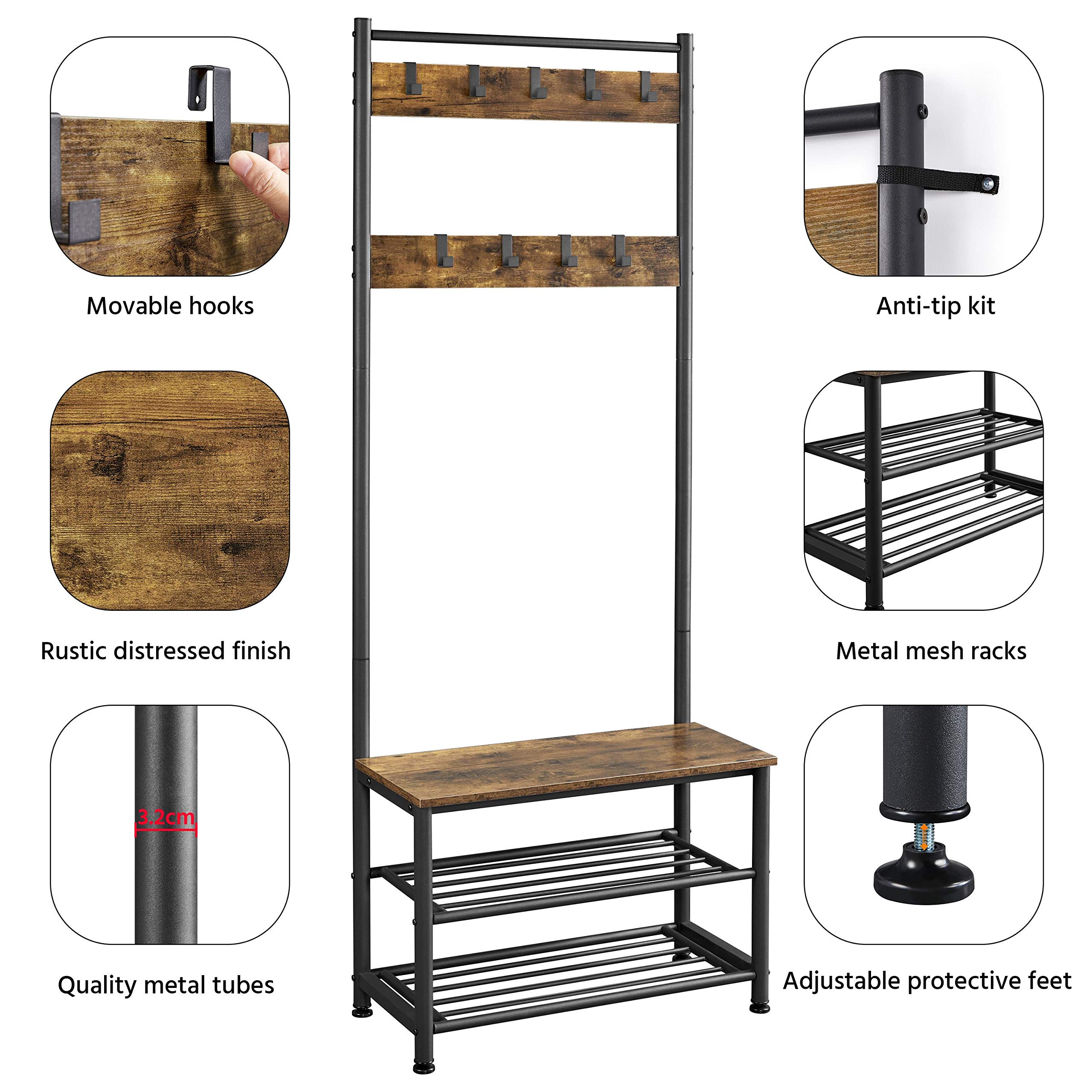 Yaheetech 3-in-1 Hall Tree Coat Rack Shoe Bench with 9 Hooks and Storage Shelf, Industrial Entryway Storage Shelf Bench, Easy Assembly, Rustic Brown