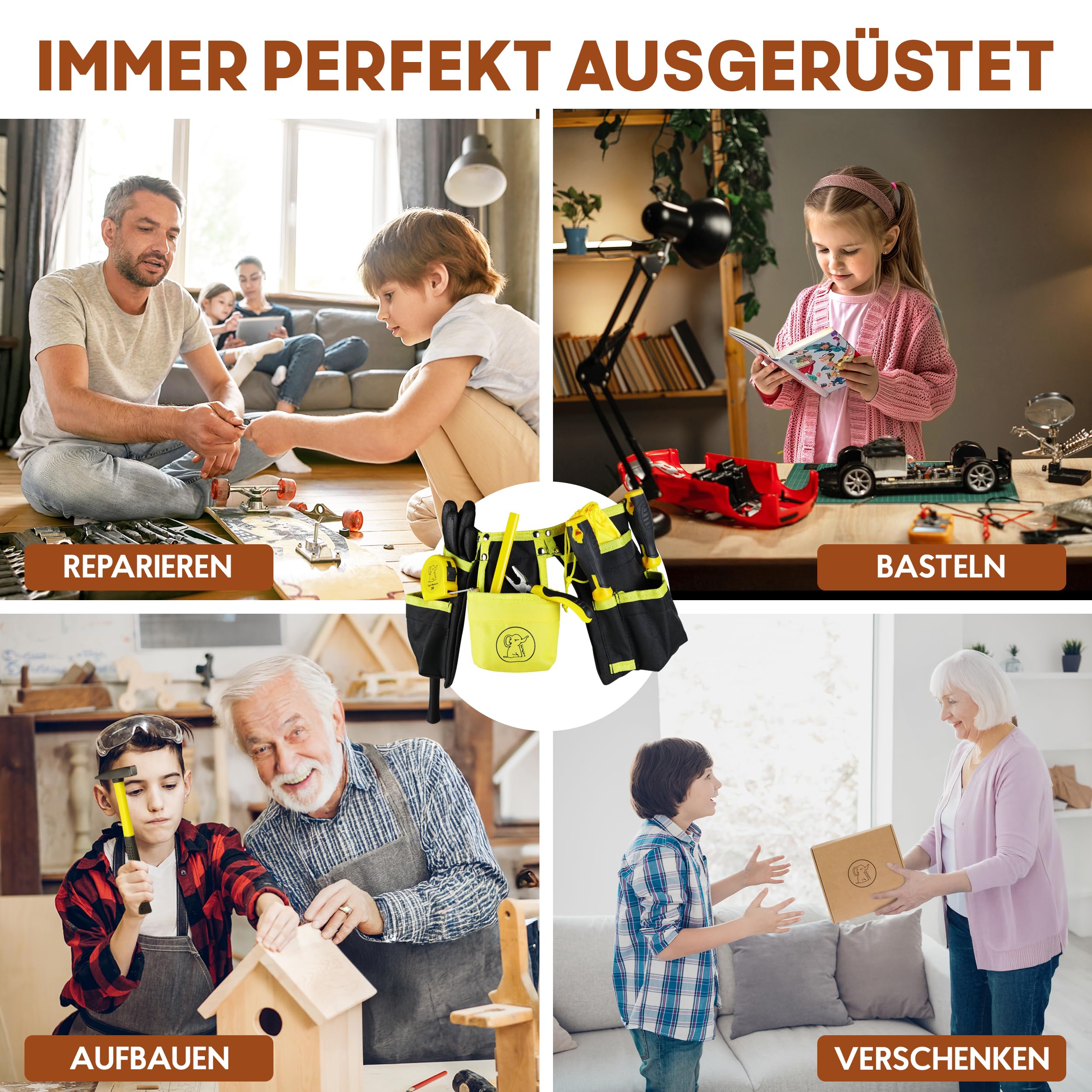 Eli® Werkzeuggürtel Kinder Set ab 6 Jahre - hochwertiges echtes Kinderwerkzeug - inkl. Hammer und Schutzbrille - Handschuhe - Multitool - Werkzeug für Baumeister - Bauarbeiter