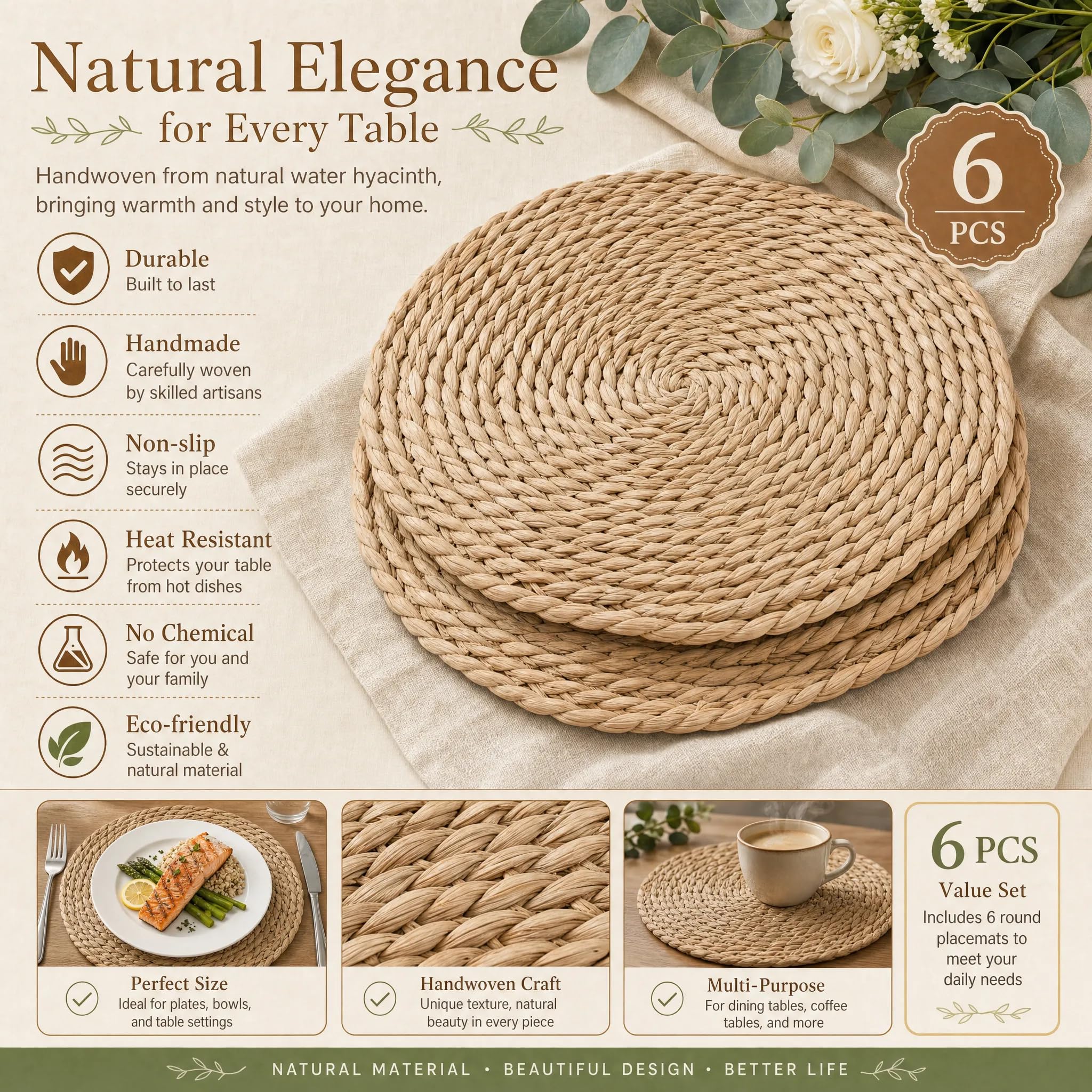 Set di 6 tovagliette rotonde in giacinto d'acqua intrecciato a mano, 30 cm, tovagliette in vimini naturale per tavolo da pranzo, cucina, matrimoni e fattoria, decorazione per la casa