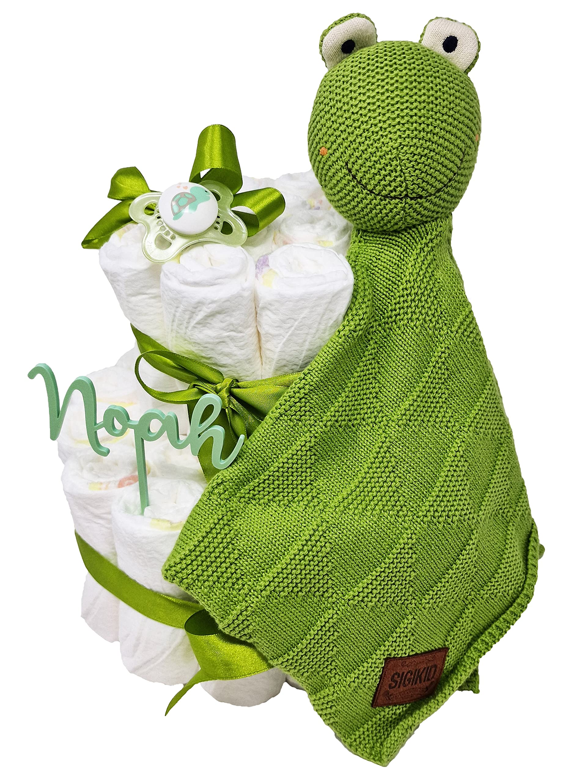 Windeltorte Pamperstorte mit Sigikid Strick-Schnuffeltuch personalisiert als Geschenk zur Geburt oder Taufe mit Namen des Babys Frosch (grün)