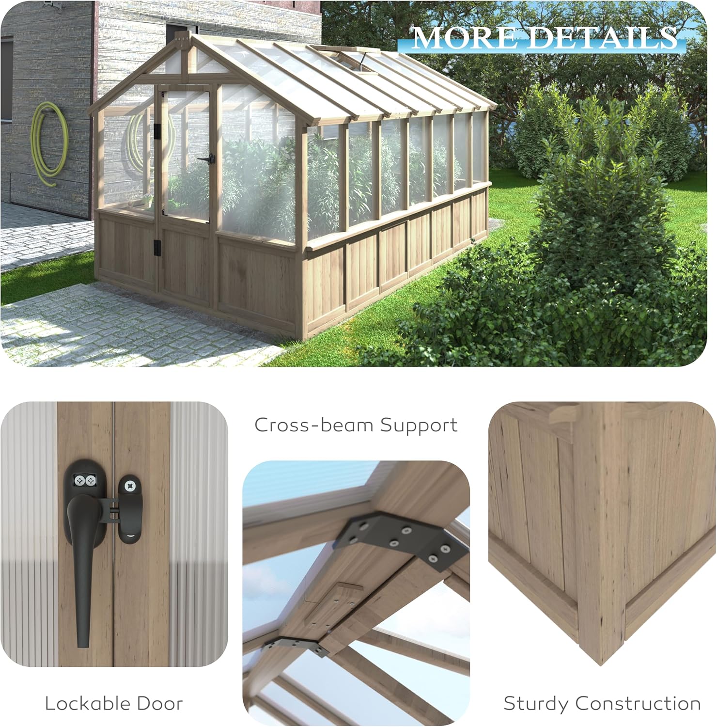 Yardenaler 8x14 FT Outdoor Greenhouse Kit, Wooden Greenhouses for Outdoors Walk-in Green House with 6MM Thick Polycarbonate Panel & Adjustable Roof Vents, Backyard Garden, Light Mocha Brown