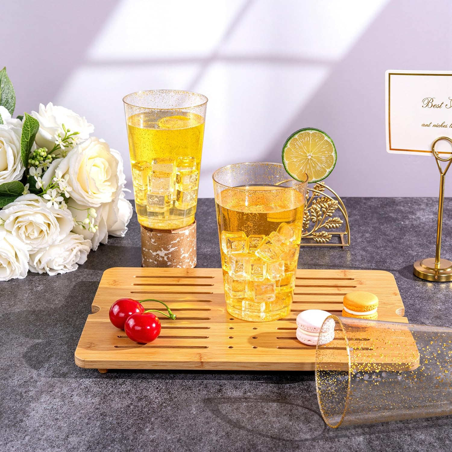 I00000 100 Pack 20 oz Gold Plastic Cups, Gold Glitter Cups Disposable Plastic Wine Glasses Cocktail Glasses Premium Cup, 20 Ounce Glitter Disposable Tumblers for Party & Wedding - Image 2