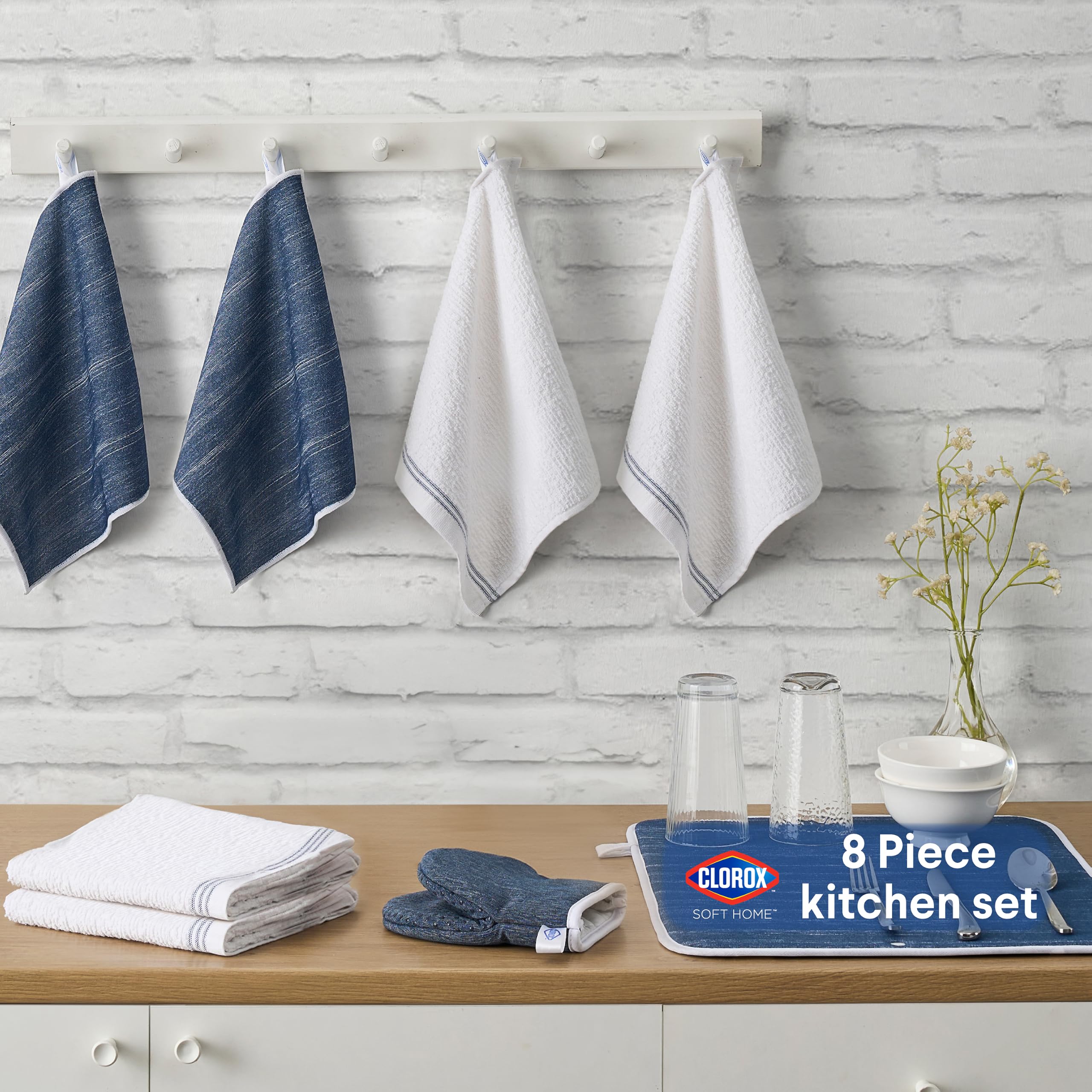 CLOROX Ensemble de cuisine de qualité supérieure – Parfait pour le nettoyage et la manipulation de la vaisselle – 2 torchons de cuisine en coton, 2 mini gants de cuisine, 1 tapis de séchage, 2