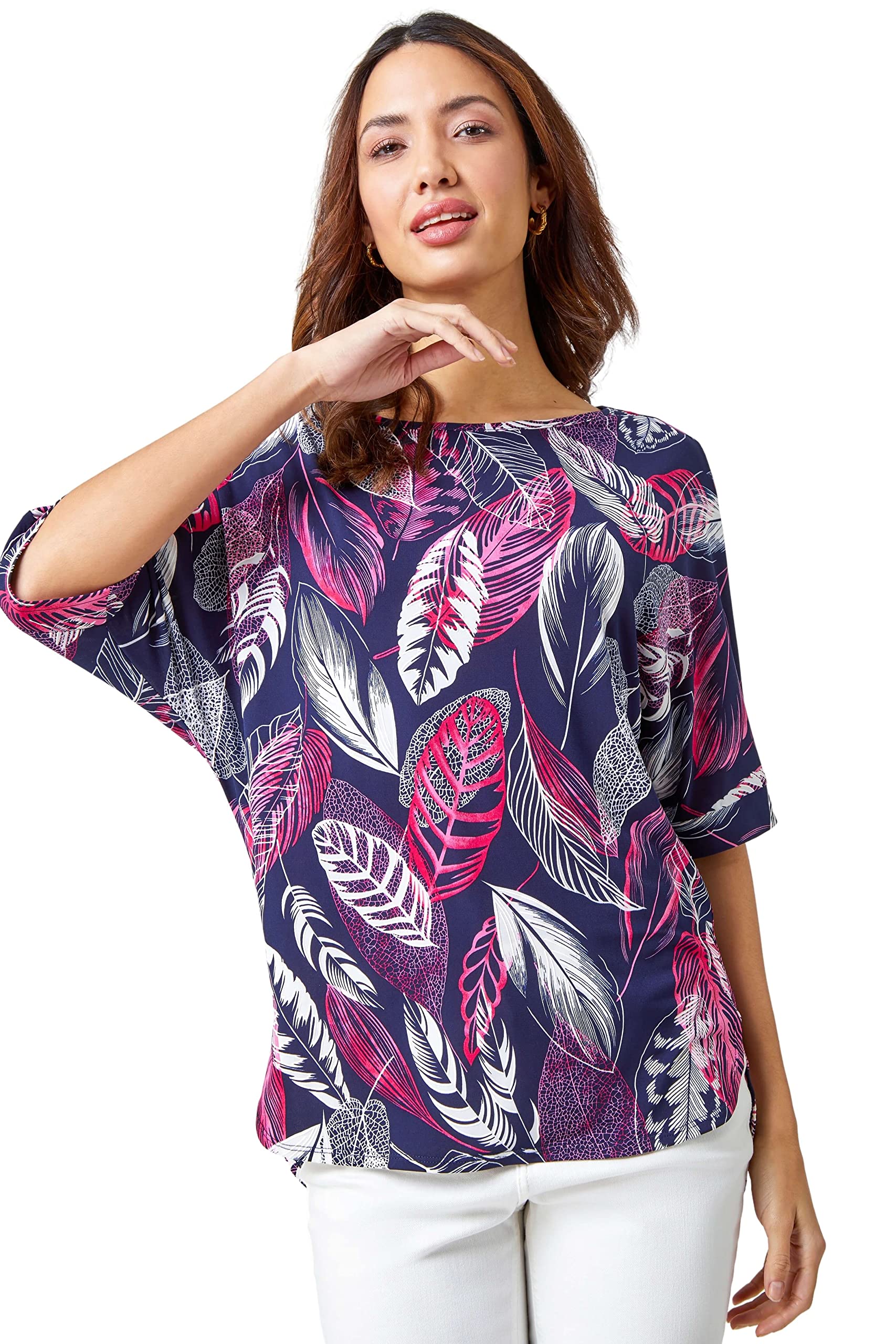 Roman Originals Women's Pink Leaf Print Textured Tunic Top For Uk - Everyday Holiday Spring Summer Round Neckline Comfy Soft Evening Vacation Work Party - Size 10