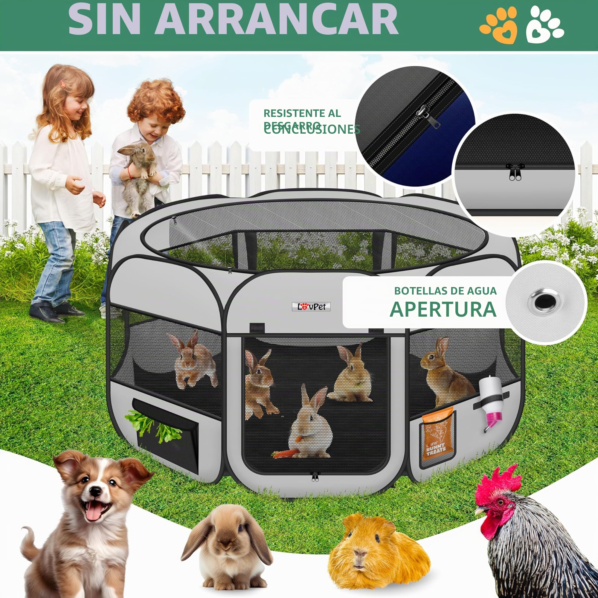 Lovpet® Parque Plegable para Cachorros y Gatos, Incluye comedero para Perros y Gatos, Tejido Oxford, Sistema desplegable para Interior y Exterior