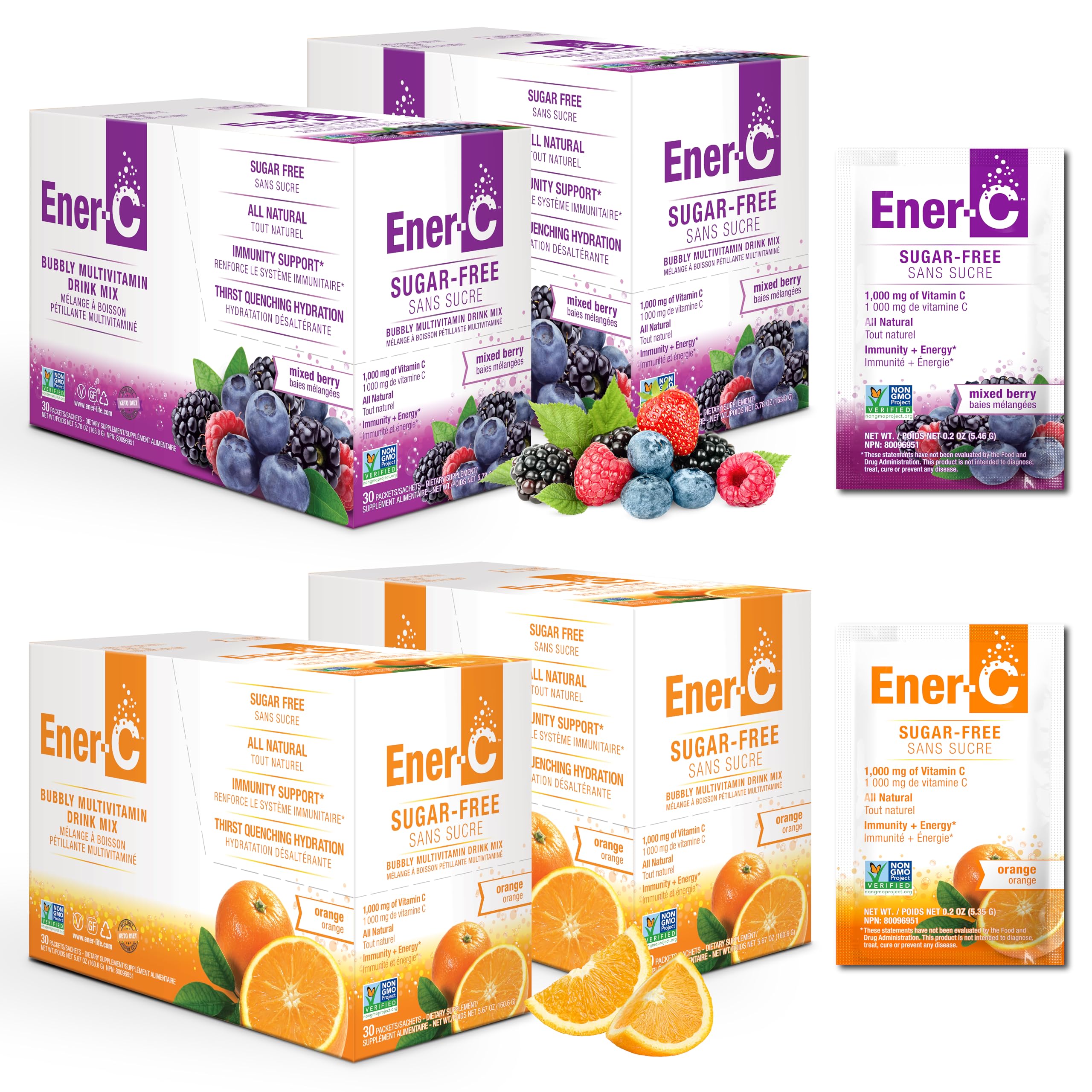 Ener-CSugar Free Mixed Berry + Orange Drinkable Vitamin C Bundle - Tasty Immune Hydration & Energy Drink Powder Blends - 120 Packets