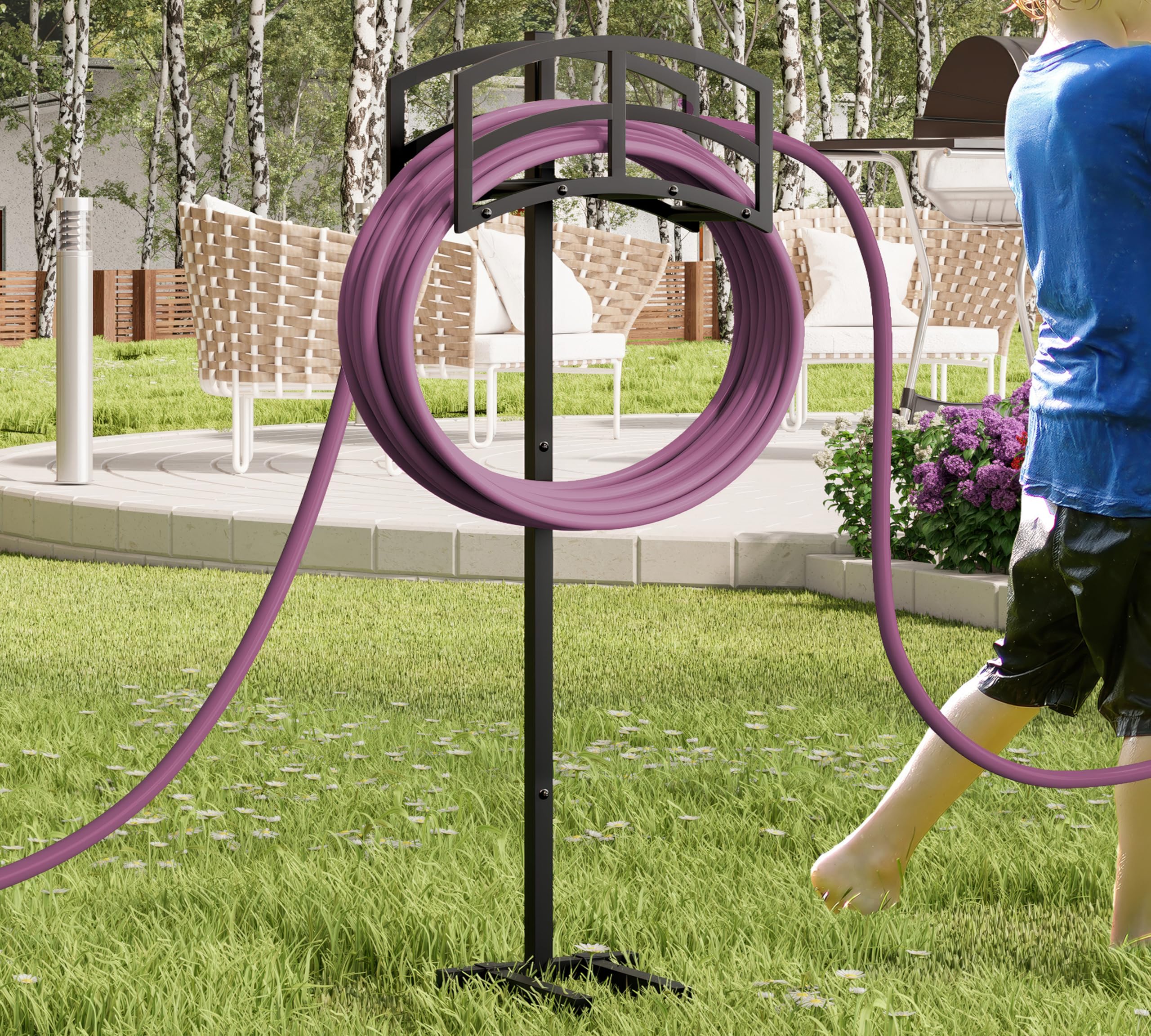 Kingson Freistehender Gartenschlauchhalter, robuster Metall-Wasserschlauchhalter-Aufbewahrungsständer, fasst 45,7 m Schlauch für Außenbereich, Terrasse, Rasen und Hof, Schwarz