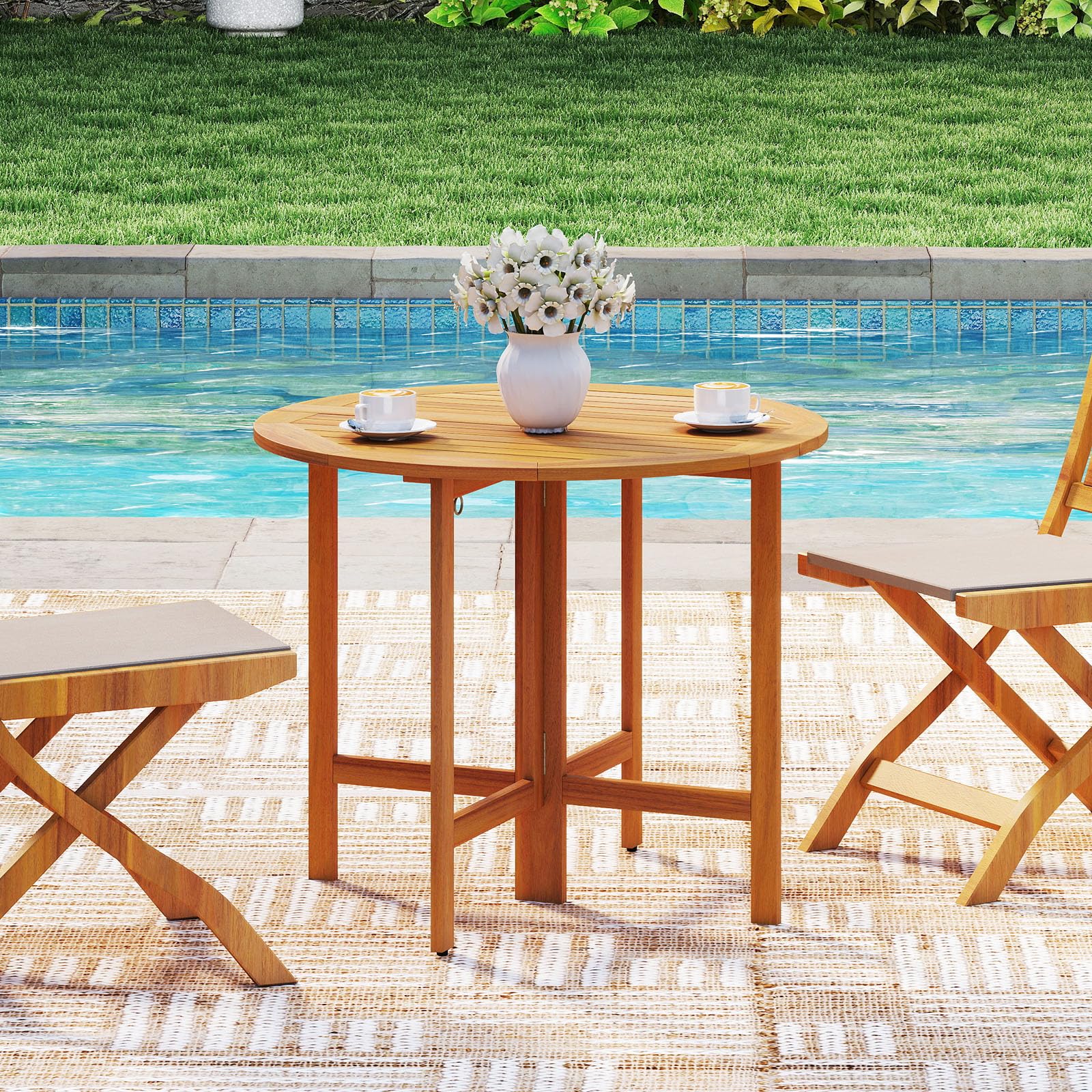 COSTWAY Mesa Plegable Jardín de Madera Acacia, 90 x 75 cm, Mesa Redonda de Comedor, Tablero de Listones, Jardín Porche Terraza Balcón Exterior Interior, Sin Montaje