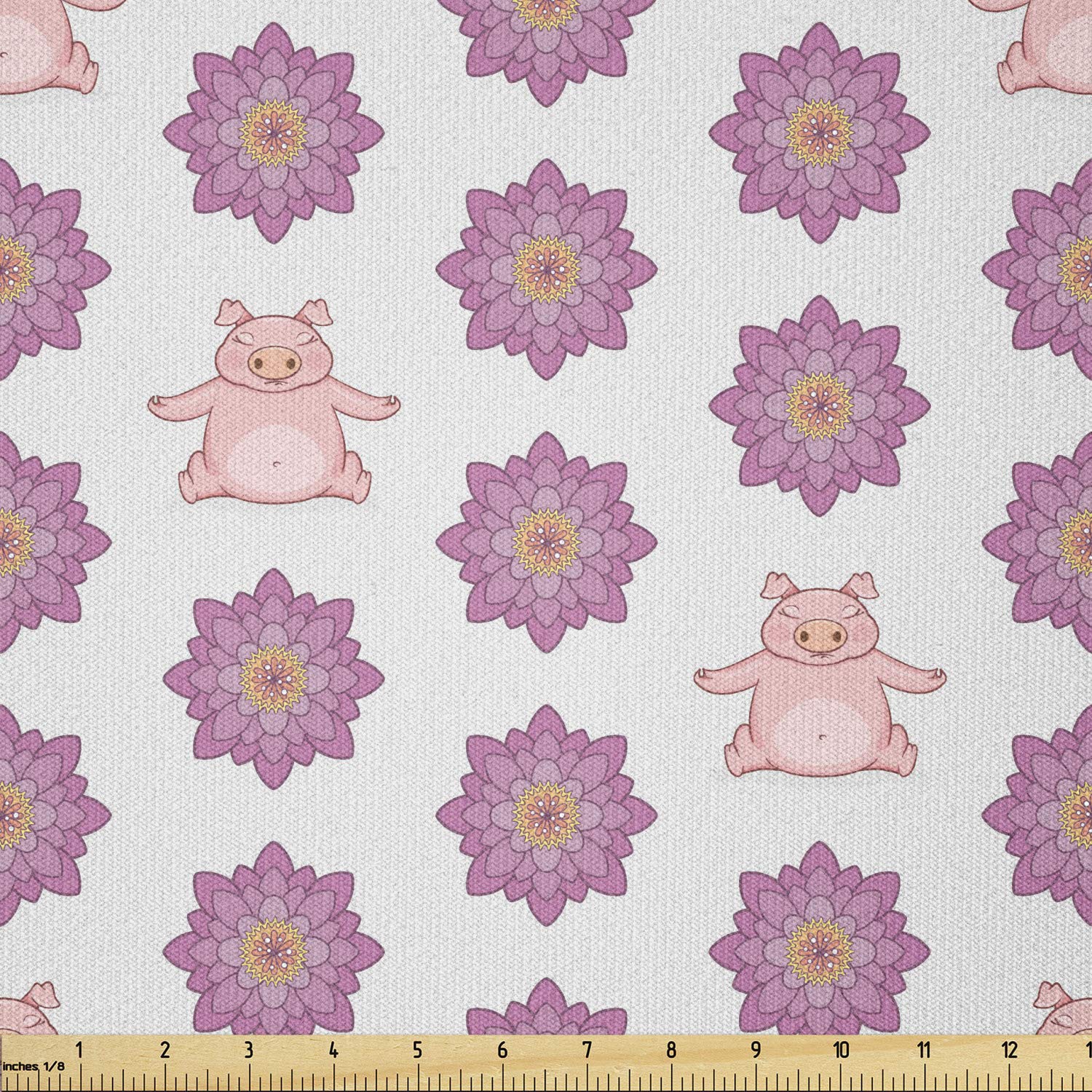 Lunarable Pig Fabric by The Yard, Animal Doing Yoga Meditating Colorful Lotus Flowers Print, Stretch Knit Fabric for Clothing Sewing and Arts Crafts, 1 Yard, Pale Blue Pale Pink
