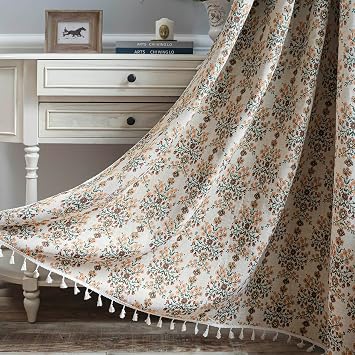 BHUSB Farmhouse Curtains for Living Room 63 Inch Length,Boho Floral Cotton Linen Window Curtains Semi-Blackout Drapes for Bedroom,Bohemian Decoration Drapes,2 Panels