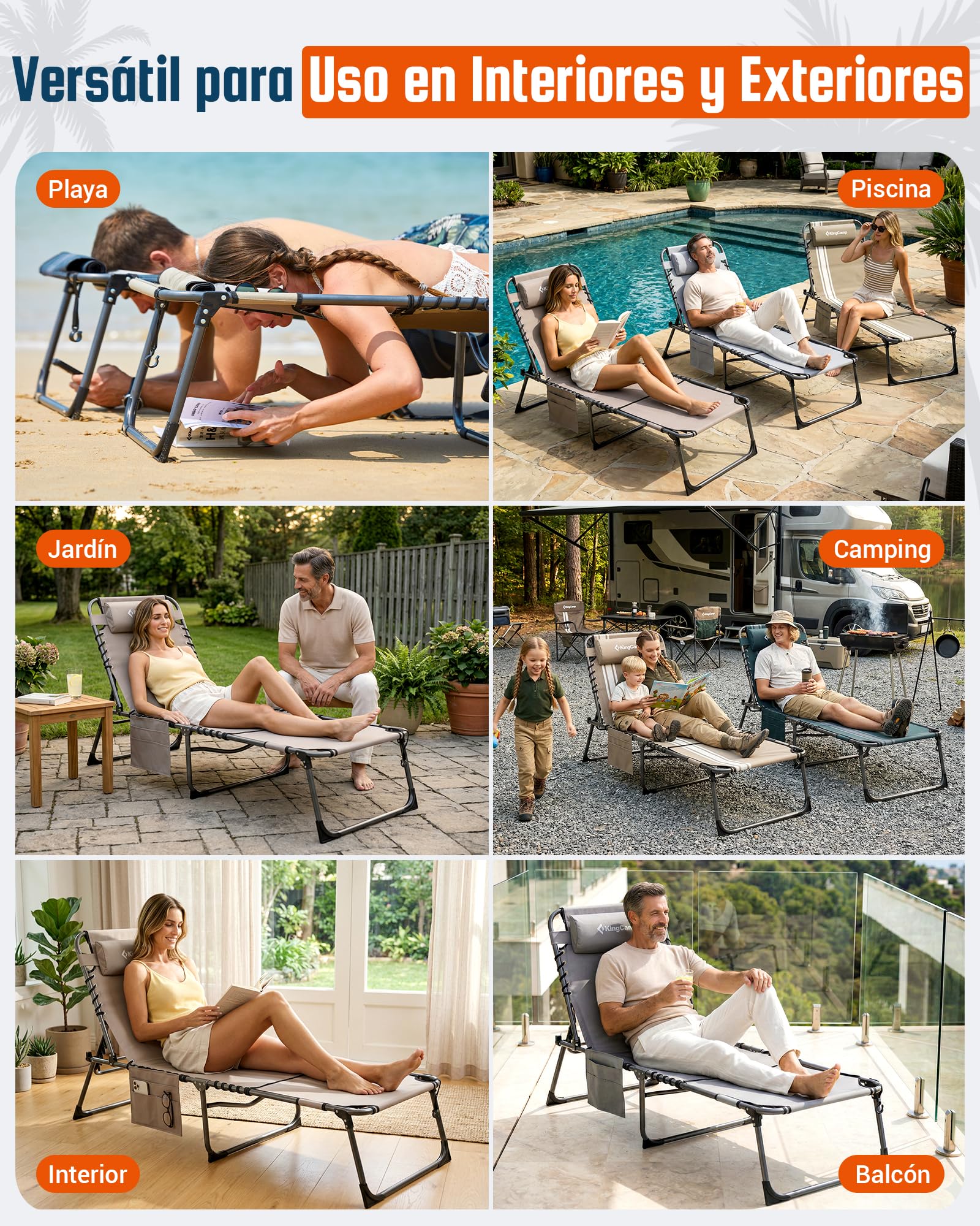 KingCamp Tumbona Plegable con Agujero para Lectura, Respaldo Ajustable 5 Posiciones, Silla Reclinable de Jardín con Correa, Cama Solar Portátil para Playa Terraza Piscina Camping Cama Supletoria