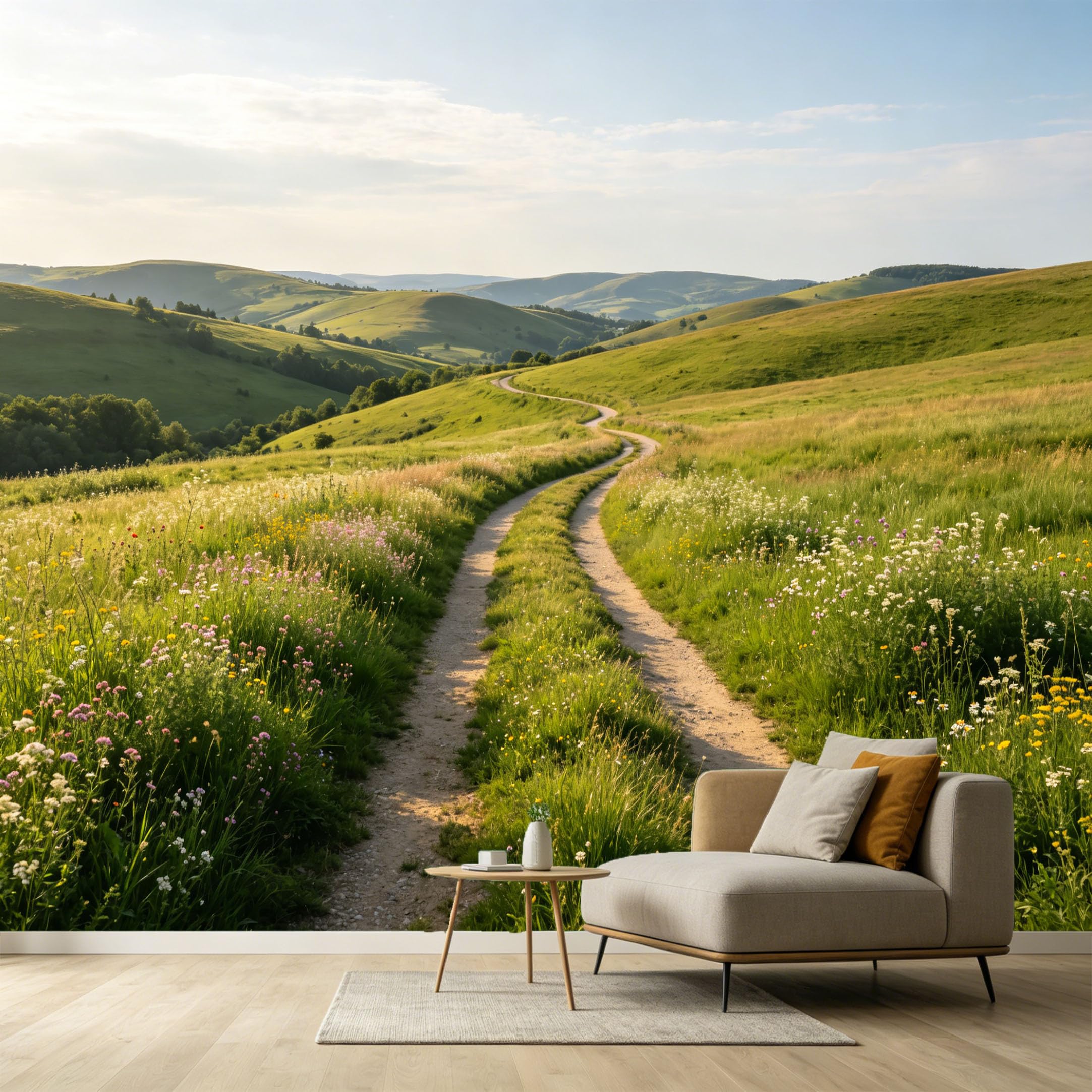 Custom Size Wall Murals Rolling Hills Landscape Farmhouse Style Winding Dirt Path Wildflowers Nature View SelfAdhesive Wall Fabric Removable Large Wallpaper for Living Room