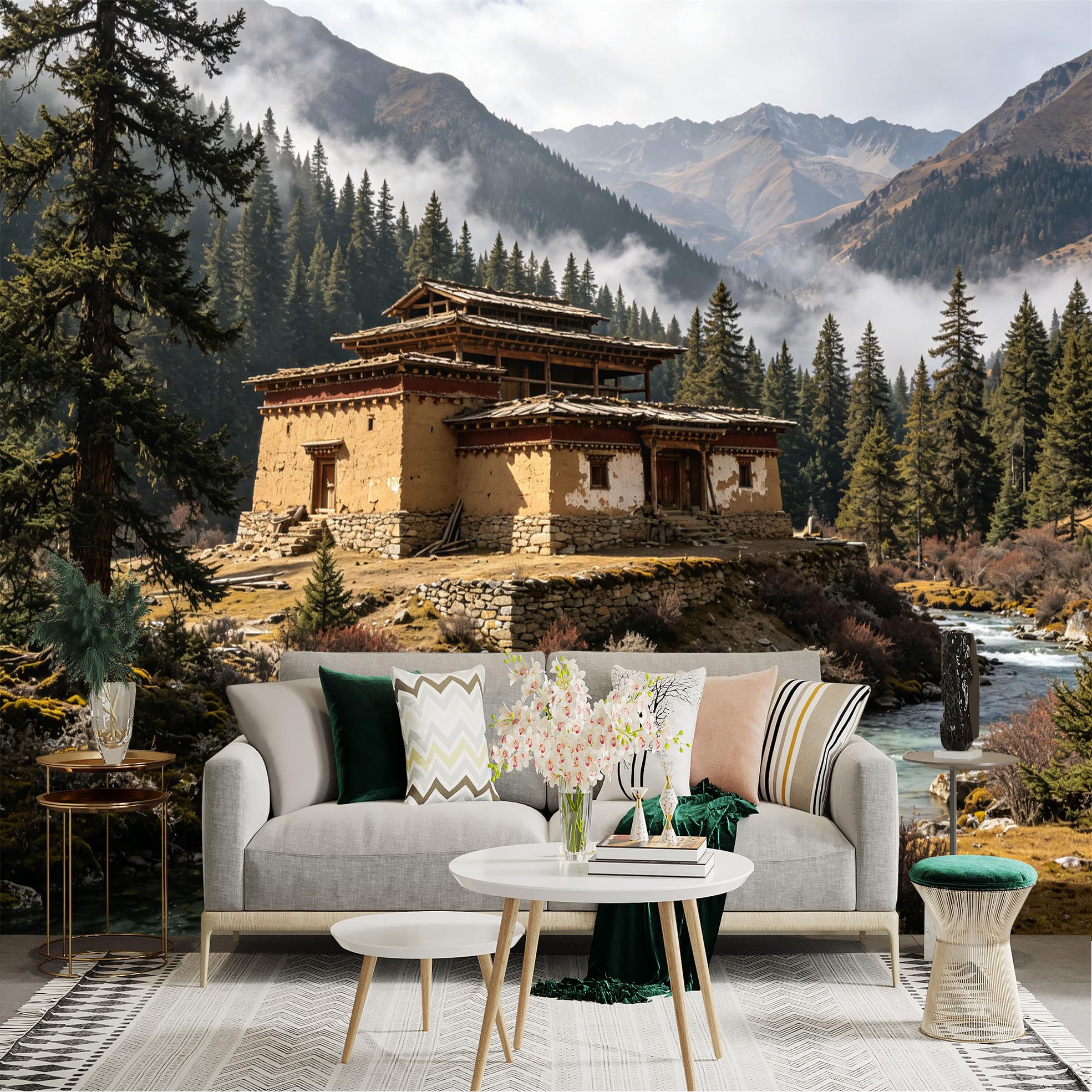 Custom Size Wall Sticker Mural， Mountain Temple by River with Pine Forest and Misty Peaks， for wall Decoration， peelandstick wall Decals.