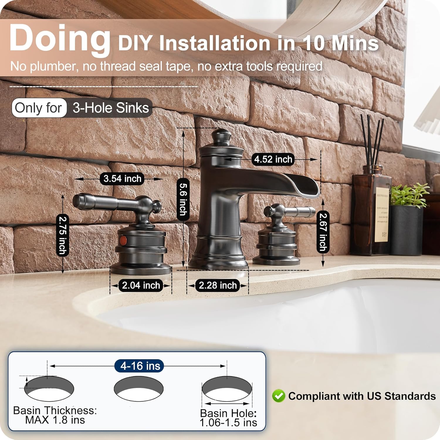 Oil Rubbed Bronze Bathroom Faucet, Brass Waterfall Faucet Widespread Bathroom Sink Faucet 3 Hole, 4-16 Inch Bathroom Faucets with Pop Up Drain 2 Handle & Supply Hose for Hotel Farmhouse Antique - Image 6