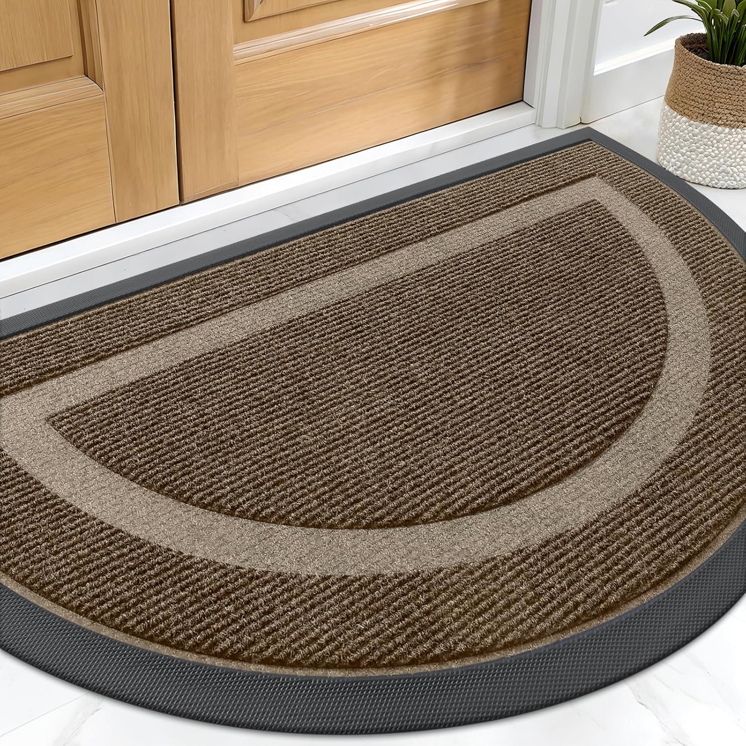 OLANLY Brown 2 Piece Set, Half Circle Door Mat (29.5x17) & Geometric Door Mat (29.5x17)