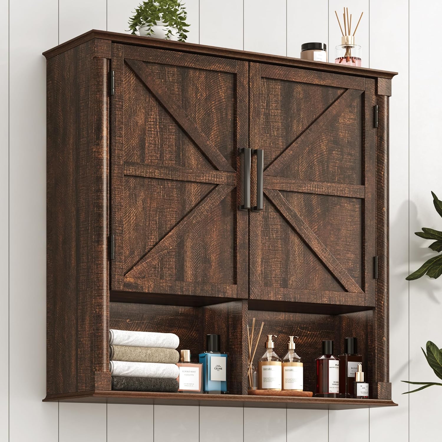 Farmhouse Bathroom Storage Cabinet,Double Wooden Bathroom Wall Cabinet with Roman Column Decor, Farmhouse Medicine Cabinets w Barn Doors,Storage Cabinets Wall Mounted for Kitchen(Wood Brown)