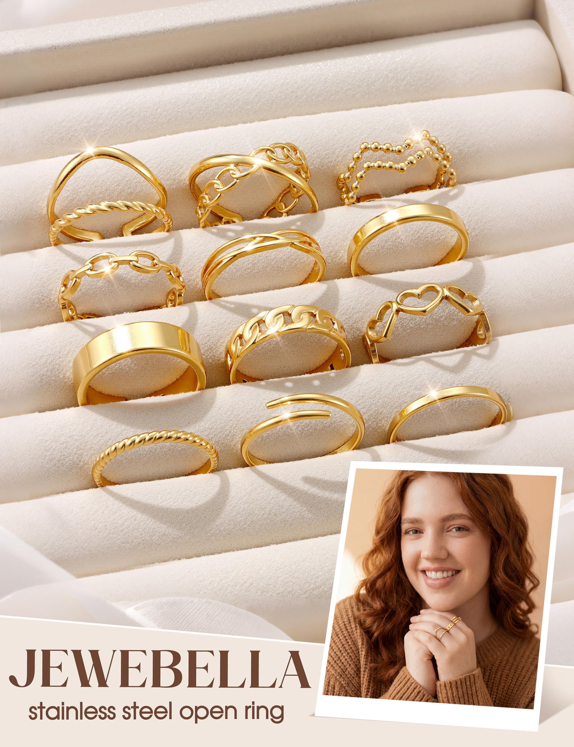 JeweBella 12 Stück Ringe Gold Silber Wasserfest Ring Damen Edelstahl 18K Vergoldete Trendy Stapelbare Offene Ringe Set Frauen Verstellbar Daumenring Fingerring Stapelringe Damen Schmuck