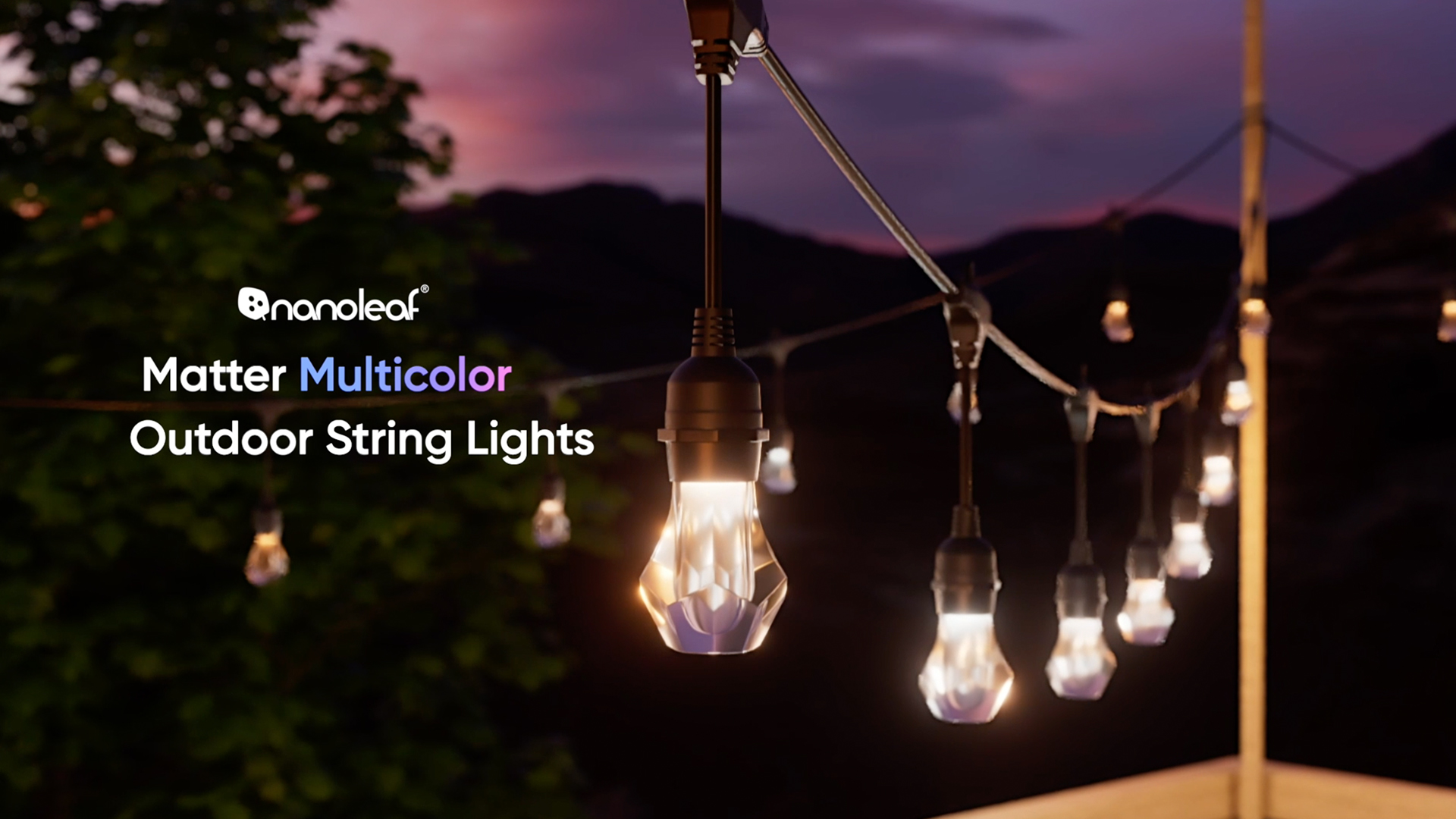 Image of Nanoleaf Essentials Matter Smart Multicolor Outdoor String Lights Smarter Kit with Addressable RGBICW LED Bulbs, White and Color-Changing, Wi-Fi + Bluetooth, IP 65 Water Resistant (98ft, 40 Bulbs)