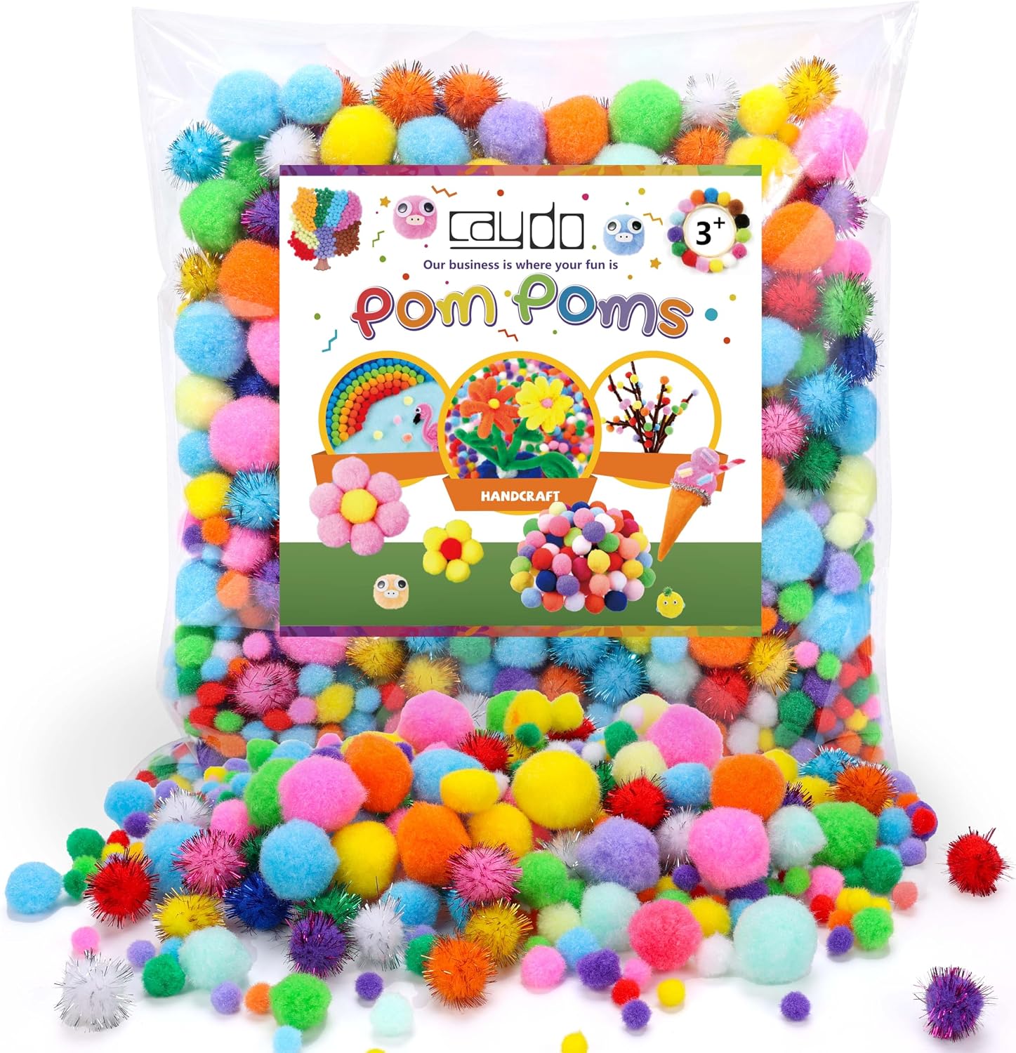 Caydo [1200PCS 1050Pcs Multicolor Pom Poms, Assorted Sizes & Colors Craft Pompom Balls with 150pcs Wiggly Eyes for Kids Arts and Craft Projects and Decorations