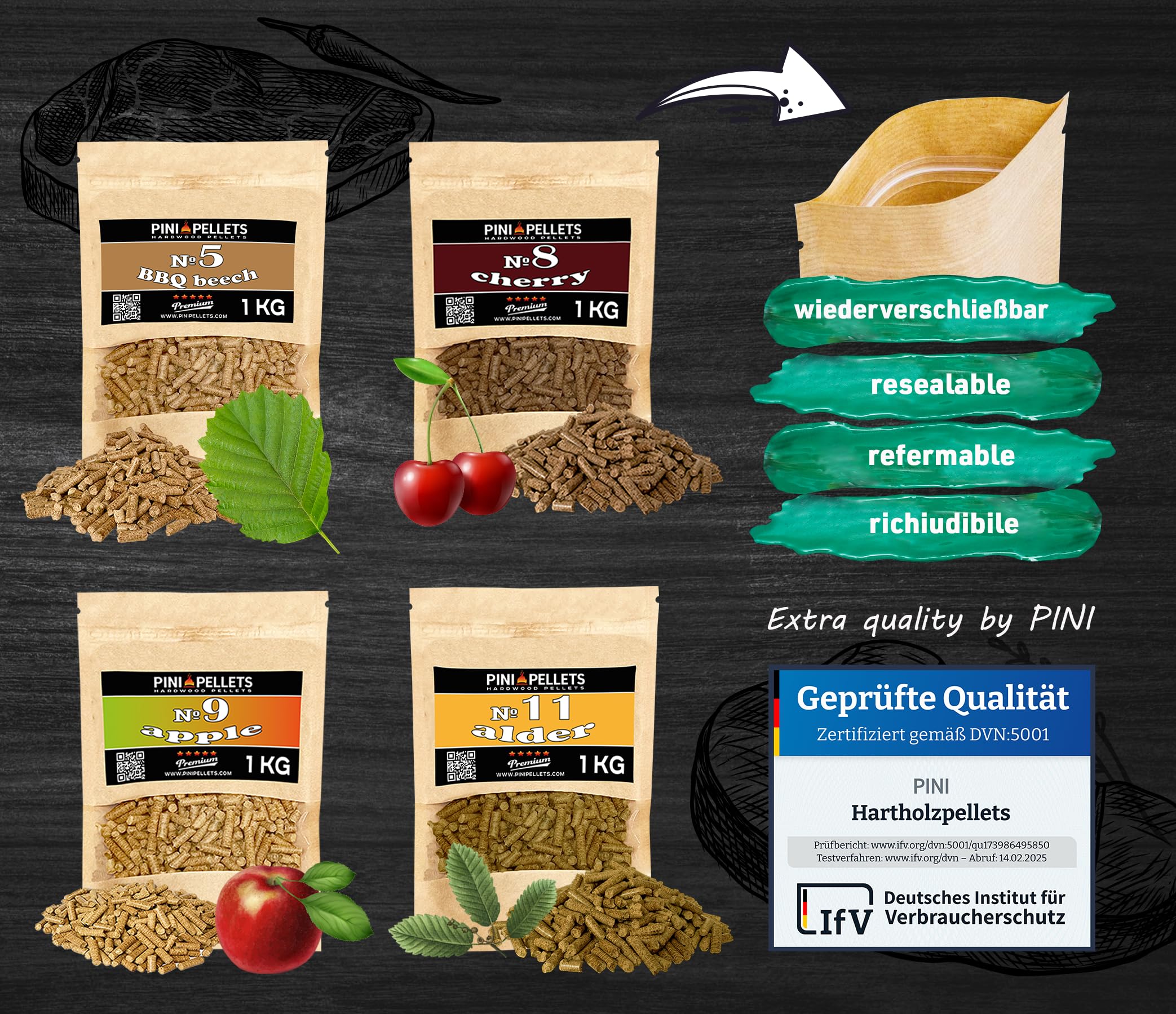 PINI Lot de 4 granulés de bois naturel pour fumoir, 1 kg, au choix parmi 4 variétés, granulés de hêtre n° 5, granulés de cerise n° 8, granulés de pomme n° 9, granulés d'aulne n° 11 – Bois pur de