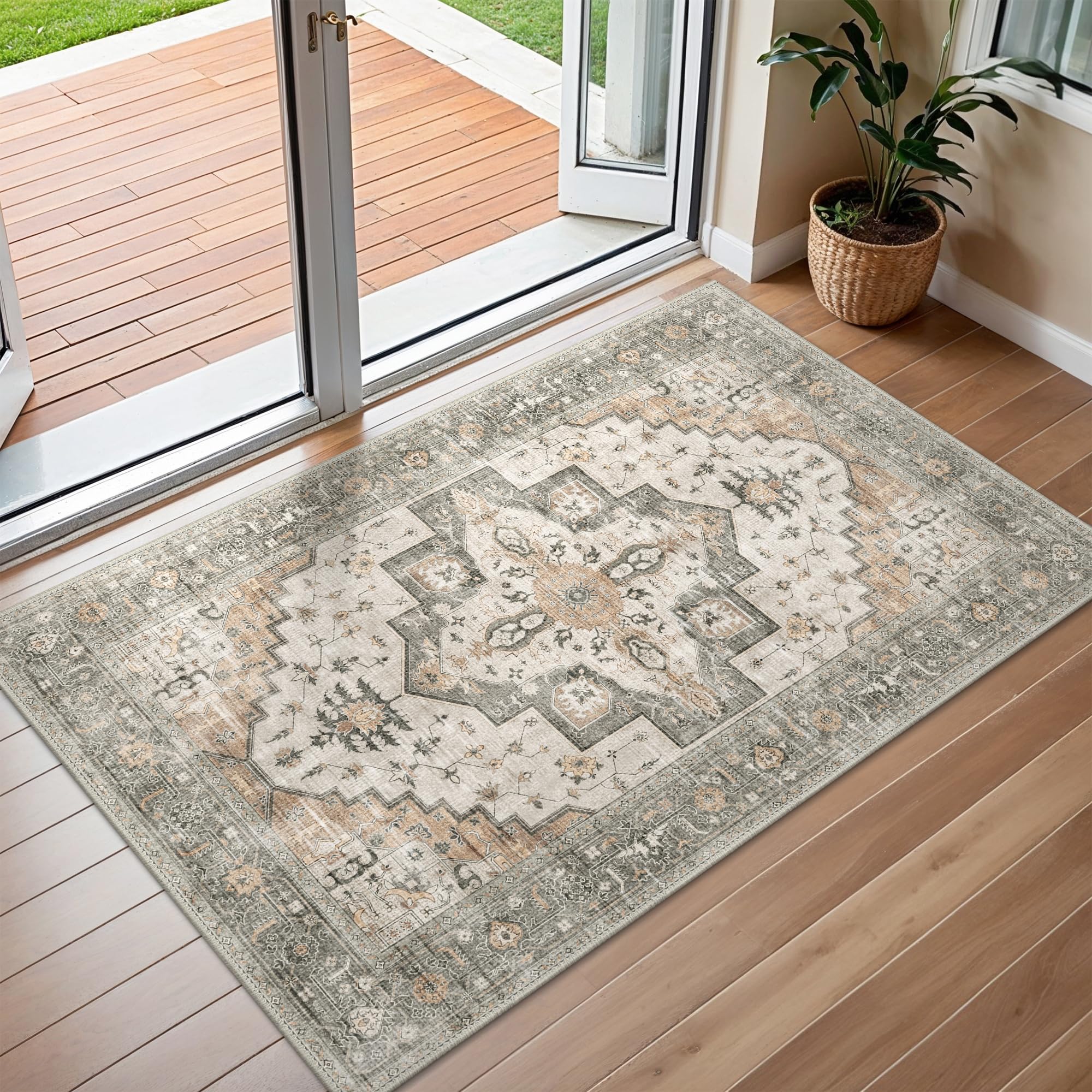 BEIMO Alfombra Salon Modernas, Antideslizante Alfombra Baño, Alfombra Entrada Casa, Alfombra Pelo Corto, Alfombras Vintage para Cocina, Salón Comedor, Habitacion, Beige Gris, 60x90cm OEKO-TEX STANDARD 100