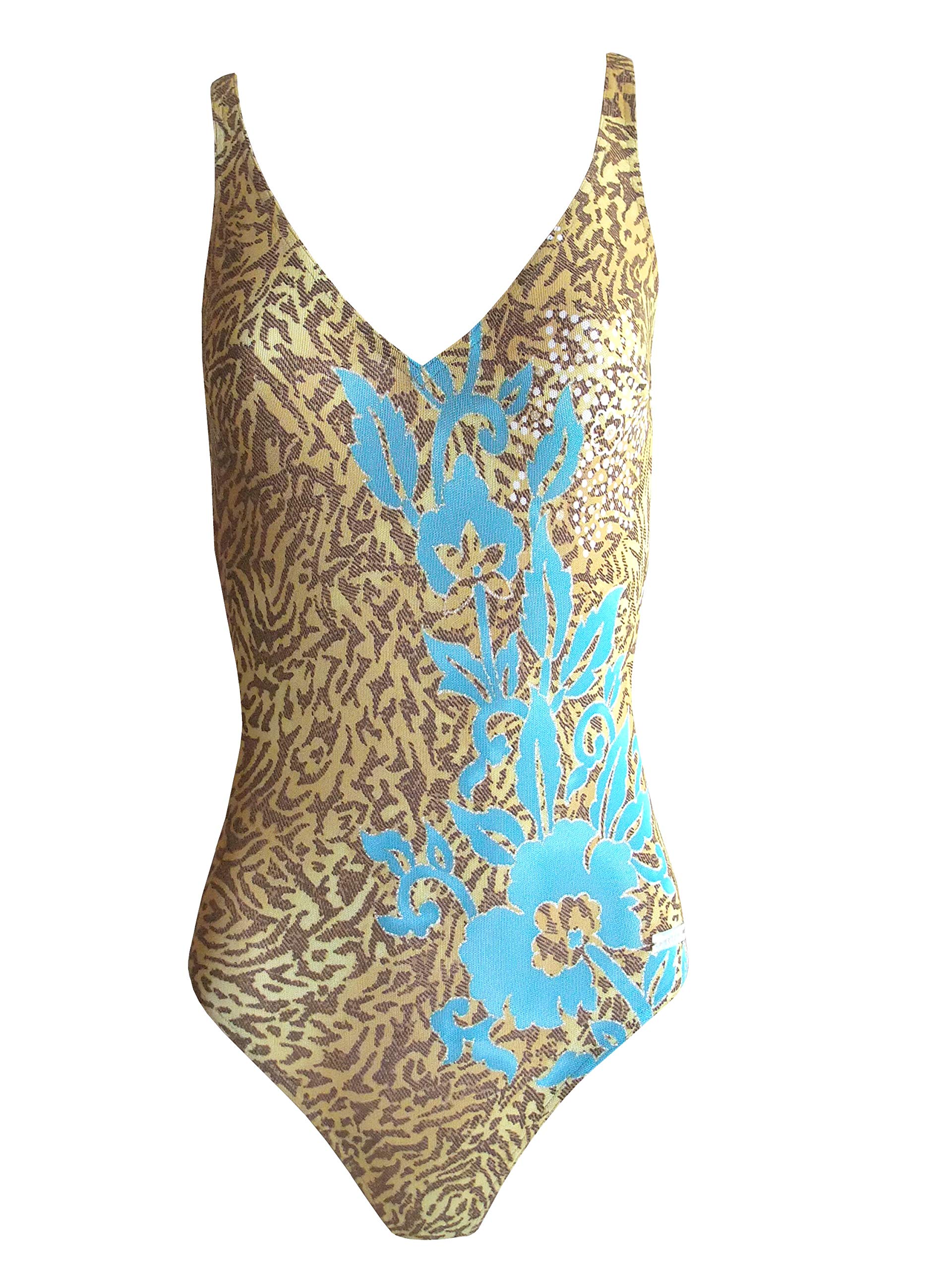 Solar Costume da bagno sportivo Tan Thru 100085 in rosso o marrone, effetto lucido, Marrone/Giallo/Turchese Fantasia, 44