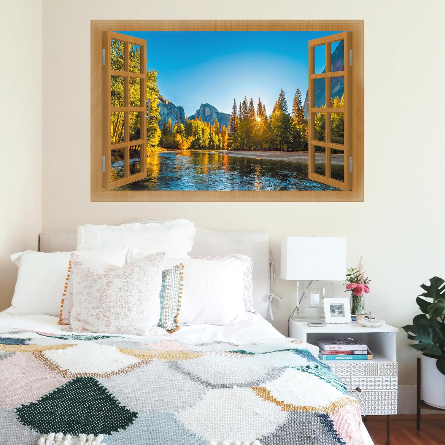 Fake Window for Walls Faux Window Decal Windows Poster Picture Open Window Wall Art Decor, Stick and Peel Wallpaper Nature Wall Decol Lake Scene Mural, 48"x72"