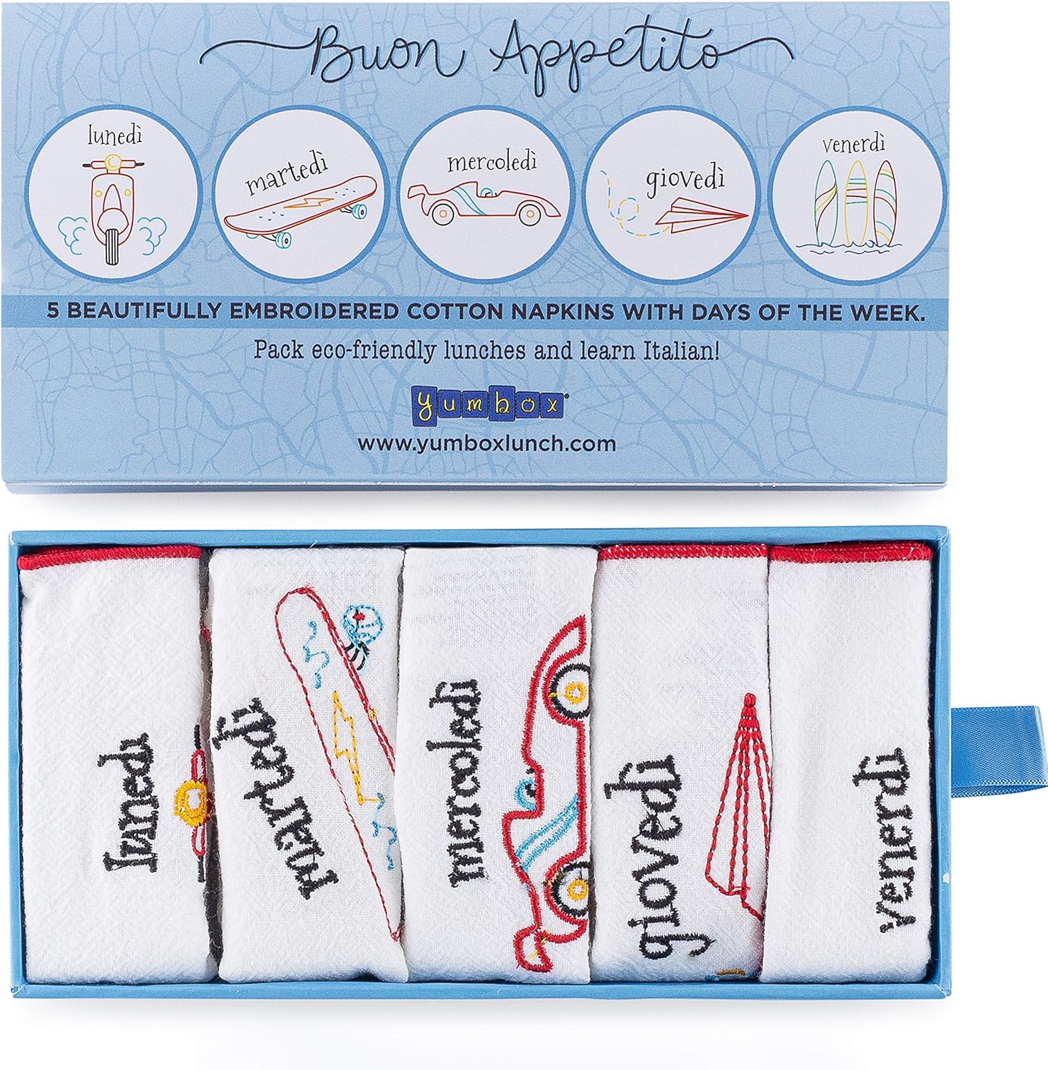 Yumbox Reusable Embroidered Cotton Napkin Set (5 Weekly Napkins; Days of The Week