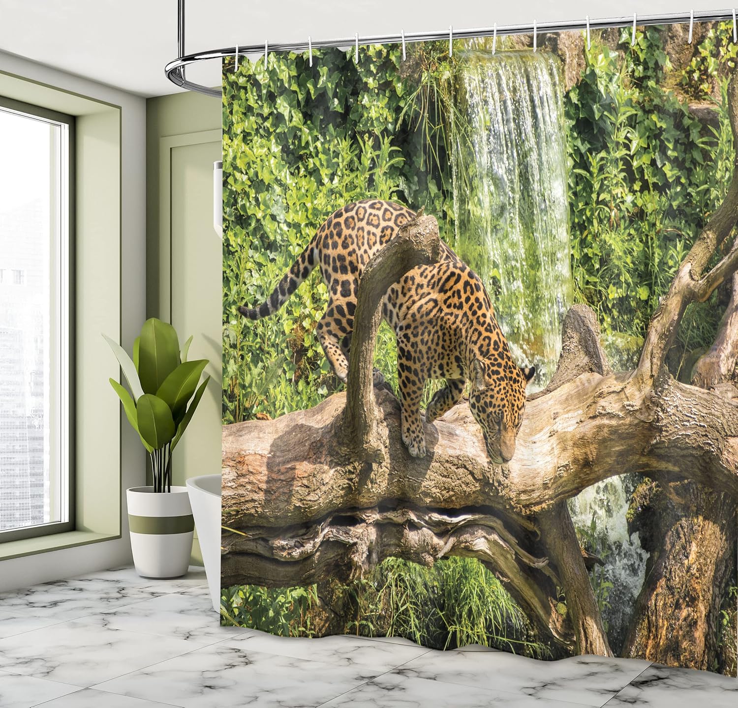 Ambesonne Savannah Shower Curtain, Jaguar Cat on Tree Trunk Waterfall Endangered Species Wild Life Fast Animal, Cloth Fabric Bathroom Decor Set with Hooks, 69" W x 75" L, Green Pale Brown