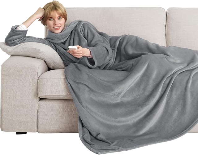 Bedsure Wearable Blanket with Sleeves Women - Warm Fleece Slanket as Gifts for Her, Cosy TV Blankets with Front Pocket for Adults Men, Grey, 150 x 200 cm