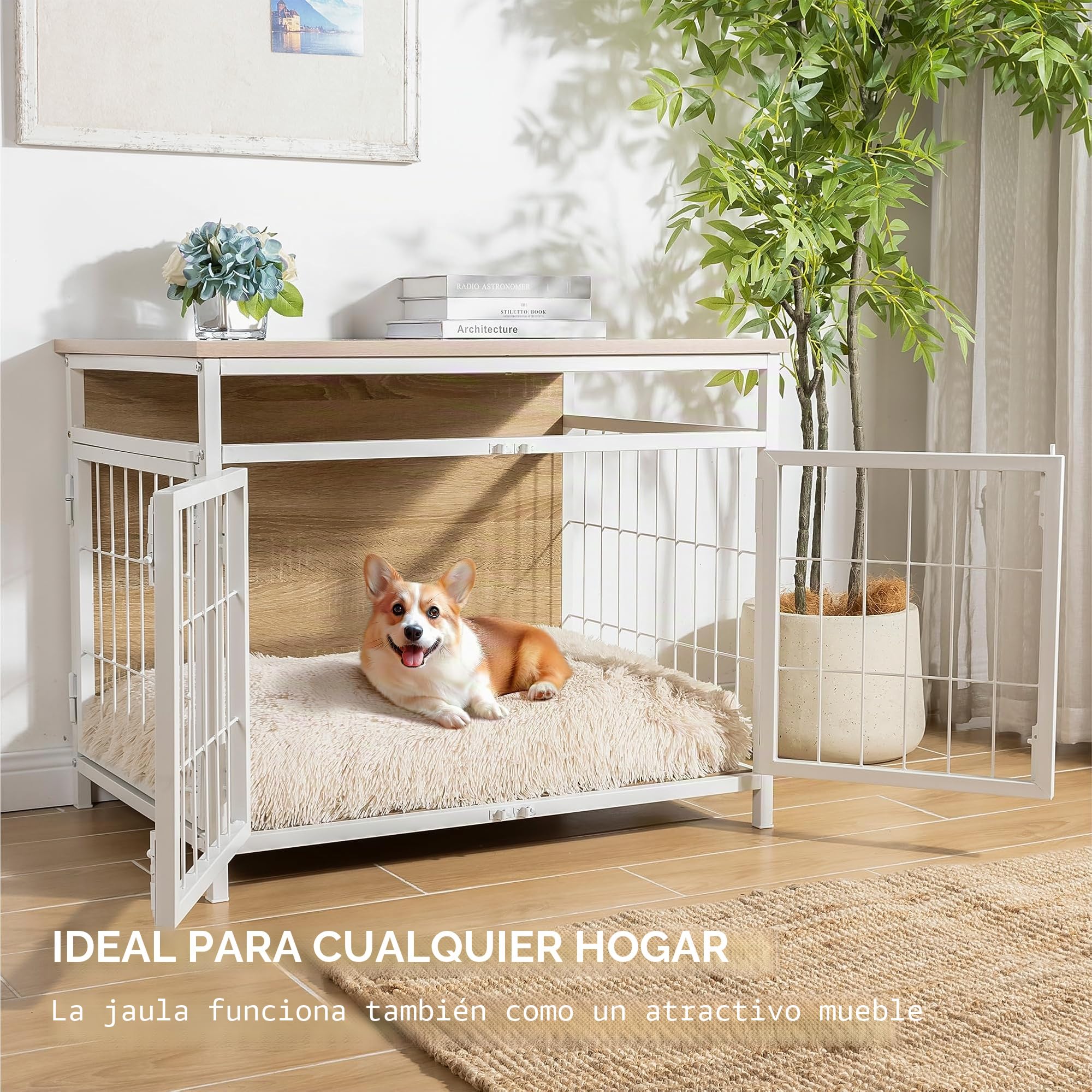 Navaris Jaula para Perros Grandes - Mueble con Compartimento Jaulas XXL de 80 x 56 x 63,5 cm para Perro Mediano o Grande - con Alfombrilla y Puertas con Cerramientos Individuales