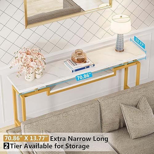 Miniatura 4 de LITTLE TREE Mesa consola de sofá de 70 pulgadas de largo con 2 niveles para sala de estar, entrada, mármol sintético blanco y dorado