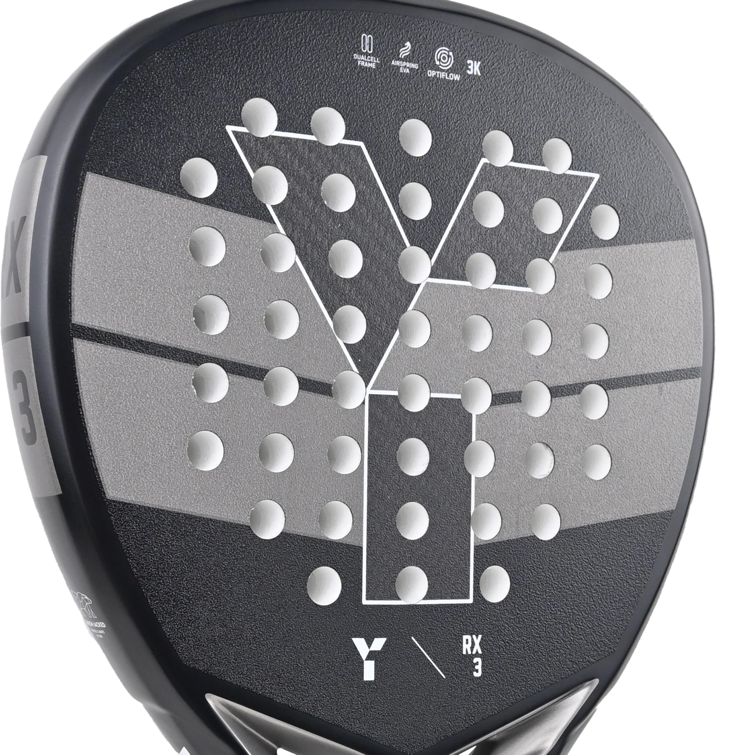 Y 1 racchetta da padel RX3 per giocatori principianti e intermedi - Bilanciamento medio alto a forma di goccia, faccia in twill di carbonio 3K, nucleo in EVA AirSpring (10-13), precisione di potenza
